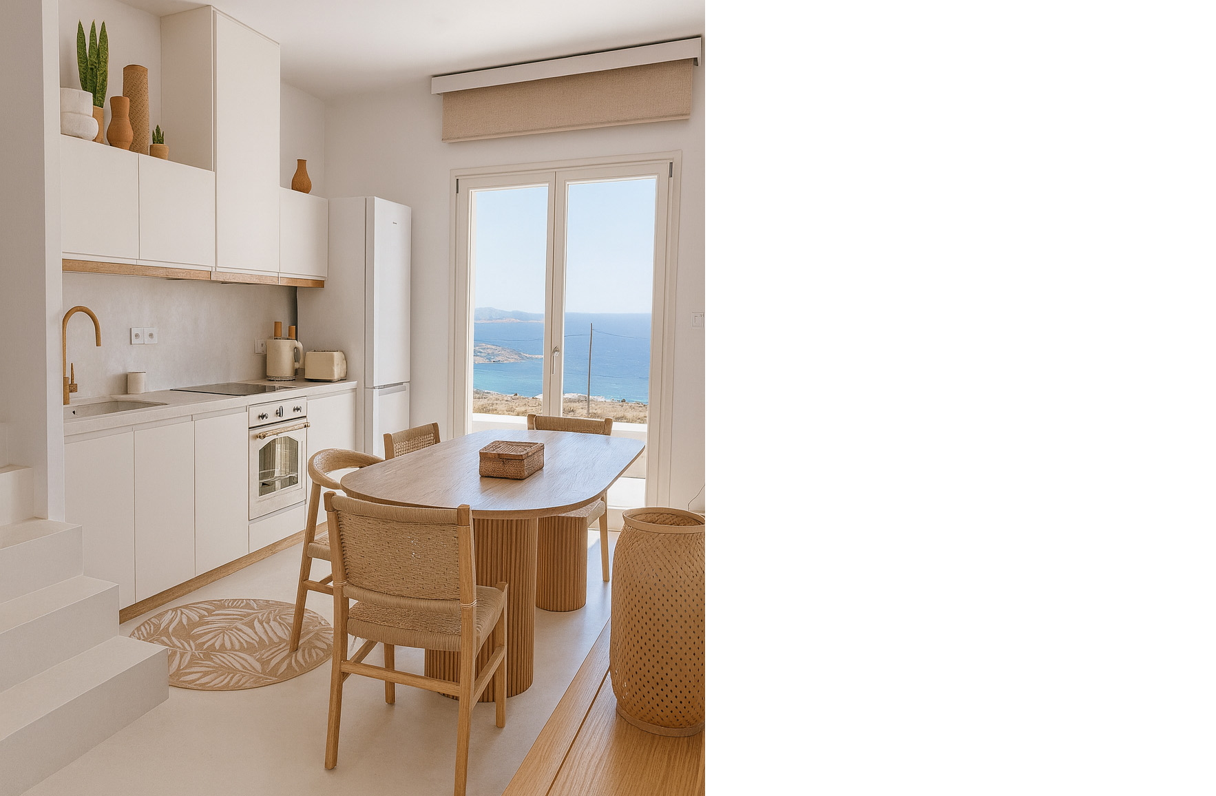 Kitchen and dining area in an Andros Cycladic residence with custom wood furniture and Aegean Sea view