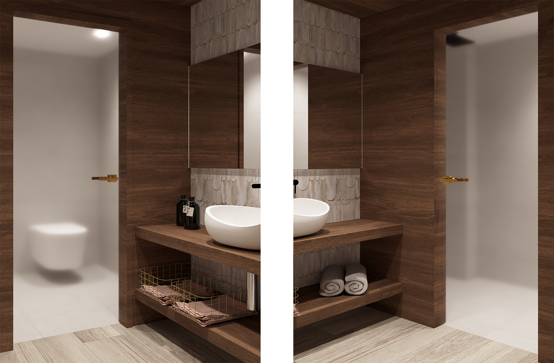 Bauhaus 01 bathroom with a custom dark wood vanity, vessel basin, textured tiles and frosted glass doors in Athens.