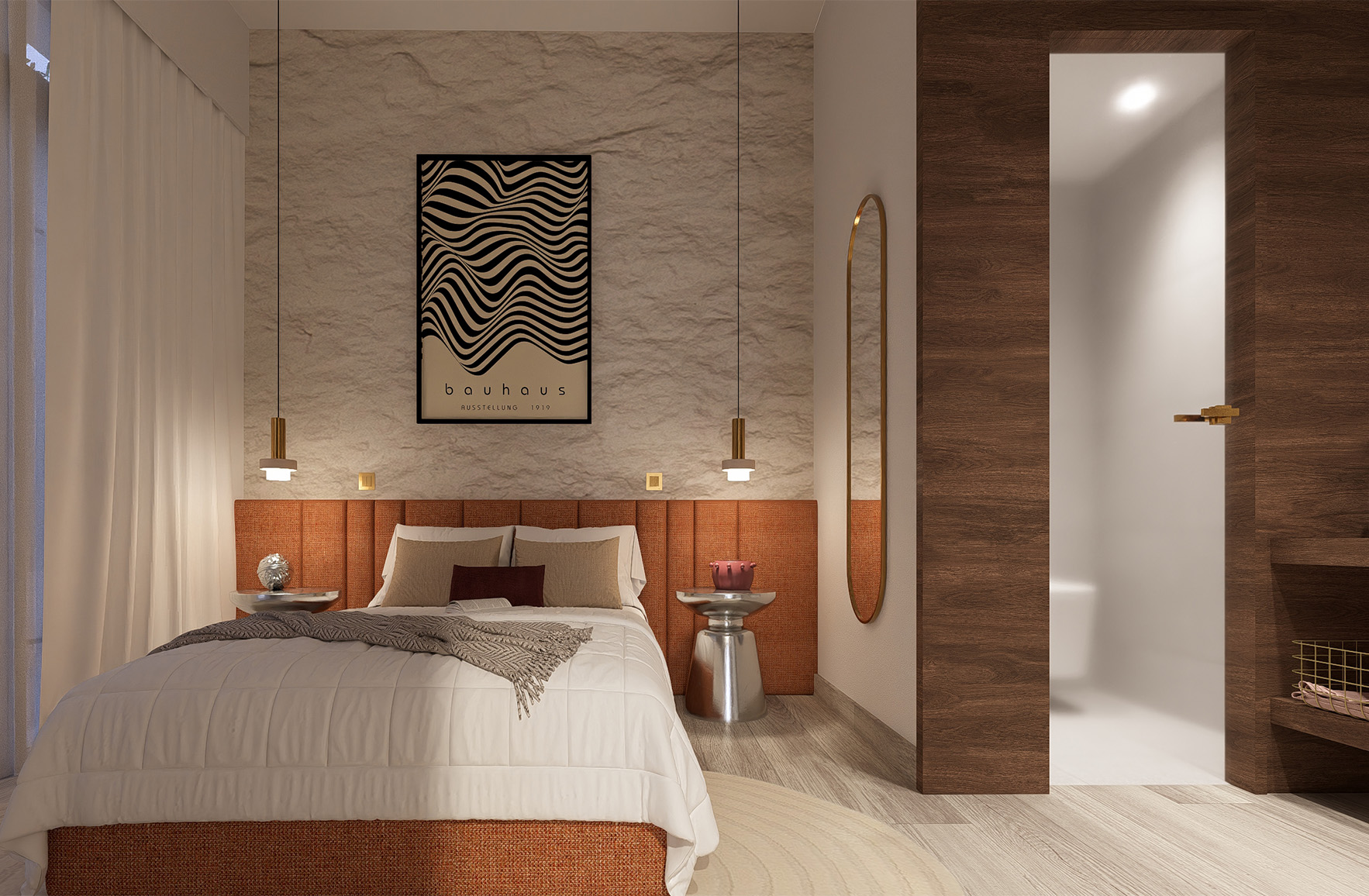 Bauhaus 01 bedroom with a terracotta headboard, textured wall, Bauhaus artwork and brass pendant lights in Athens.