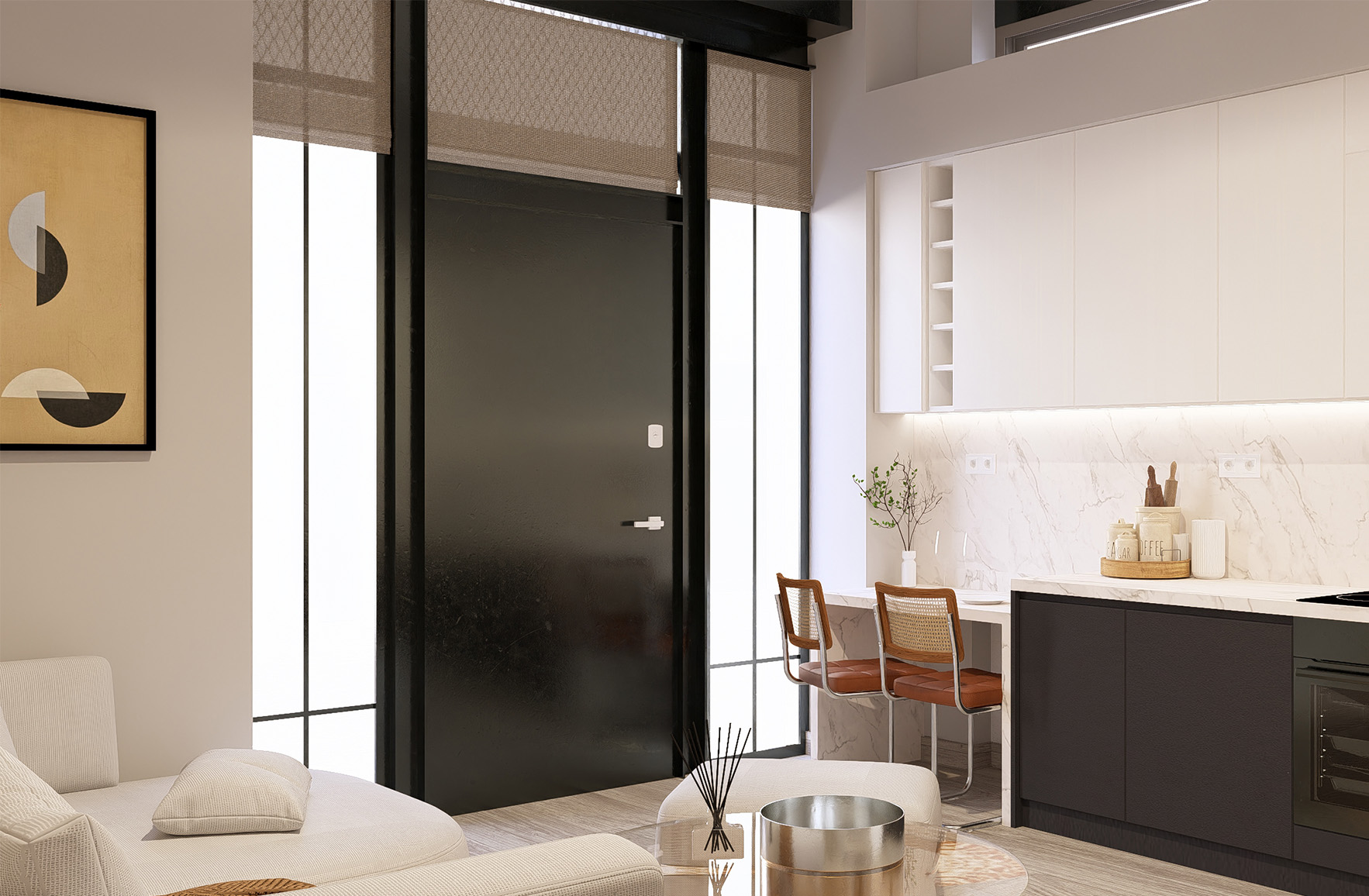 Bauhaus 01 interior with a black entrance door, illuminated kitchen and compact dining counter in Athens.