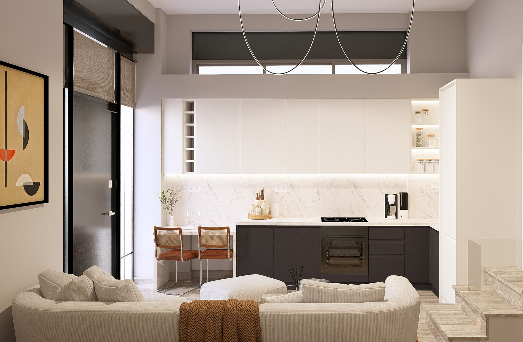 Bauhaus 01 open-plan kitchen with black and white cabinetry, marble surfaces and a compact dining counter in Athens.