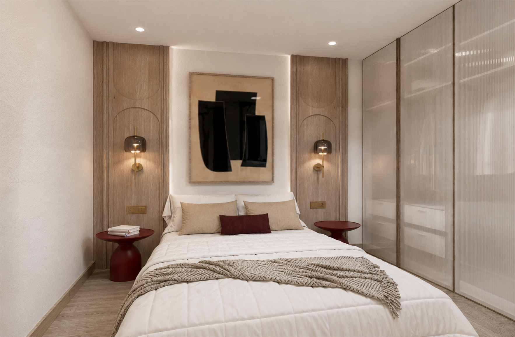 Contemporary bedroom in the Bauhaus 01 maisonette, with oak wall panels, fluted glass wardrobes and burgundy accents.
