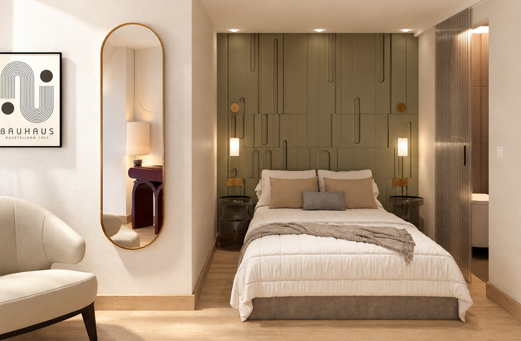 Bedroom of the Bauhaus 01 maisonette in Athens, designed by Vicky Basta. Symmetrical oak panels with circular relief details frame the bed and integrated wall lights, while floor-to-ceiling wardrobes with fluted translucent glass create a light, visually discreet storage solution. Burgundy side tables and textiles add warmth to the neutral palette and reinforce the project’s Bauhaus-inspired colour scheme.