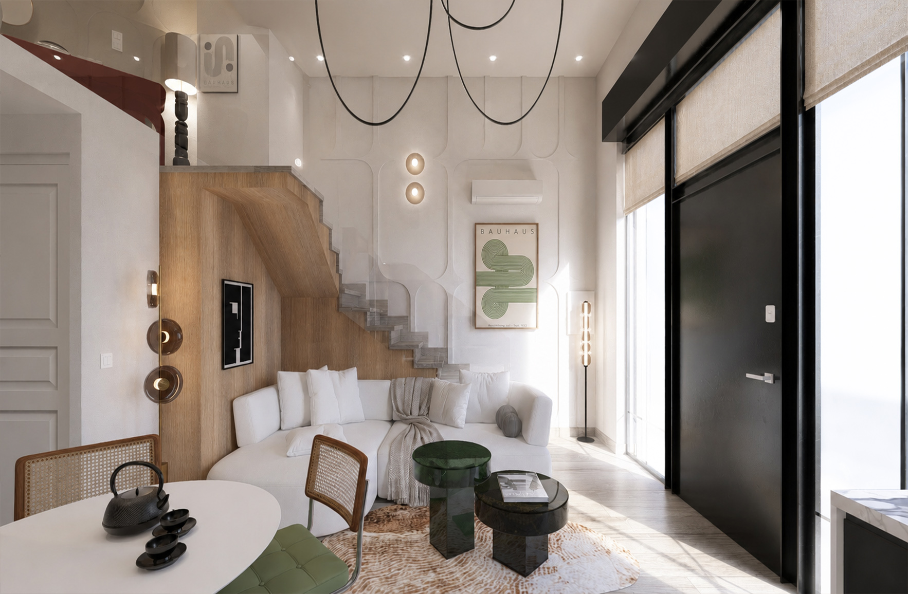 Bauhaus-inspired living room in an Athens maisonette, with a white sectional sofa, oak staircase, glass balustrade and green tables.