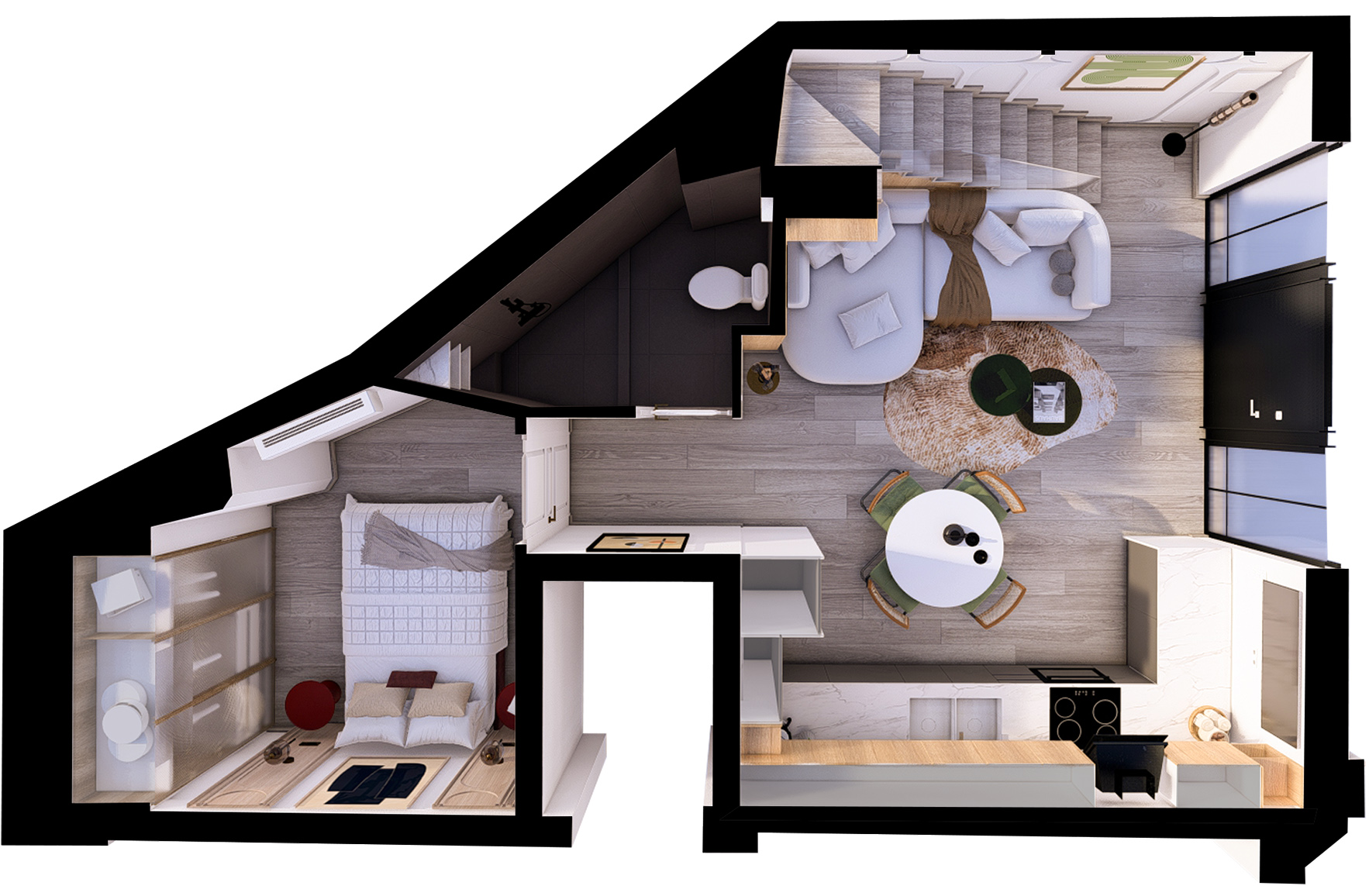 Three-dimensional floor plan of the Bauhaus 02 maisonette in Athens, showing the bedroom, bathroom, kitchen, dining and living areas.