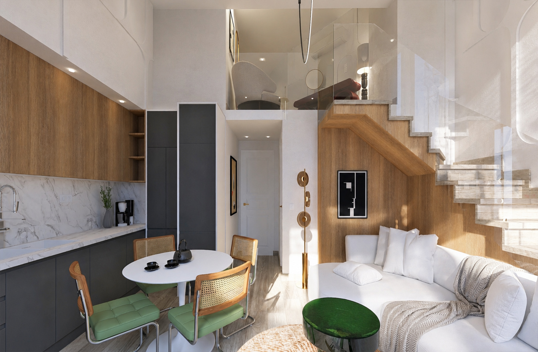 Open-plan living room and kitchen in a Bauhaus-inspired maisonette in Athens, featuring oak panelling, glass stairs and green accents.