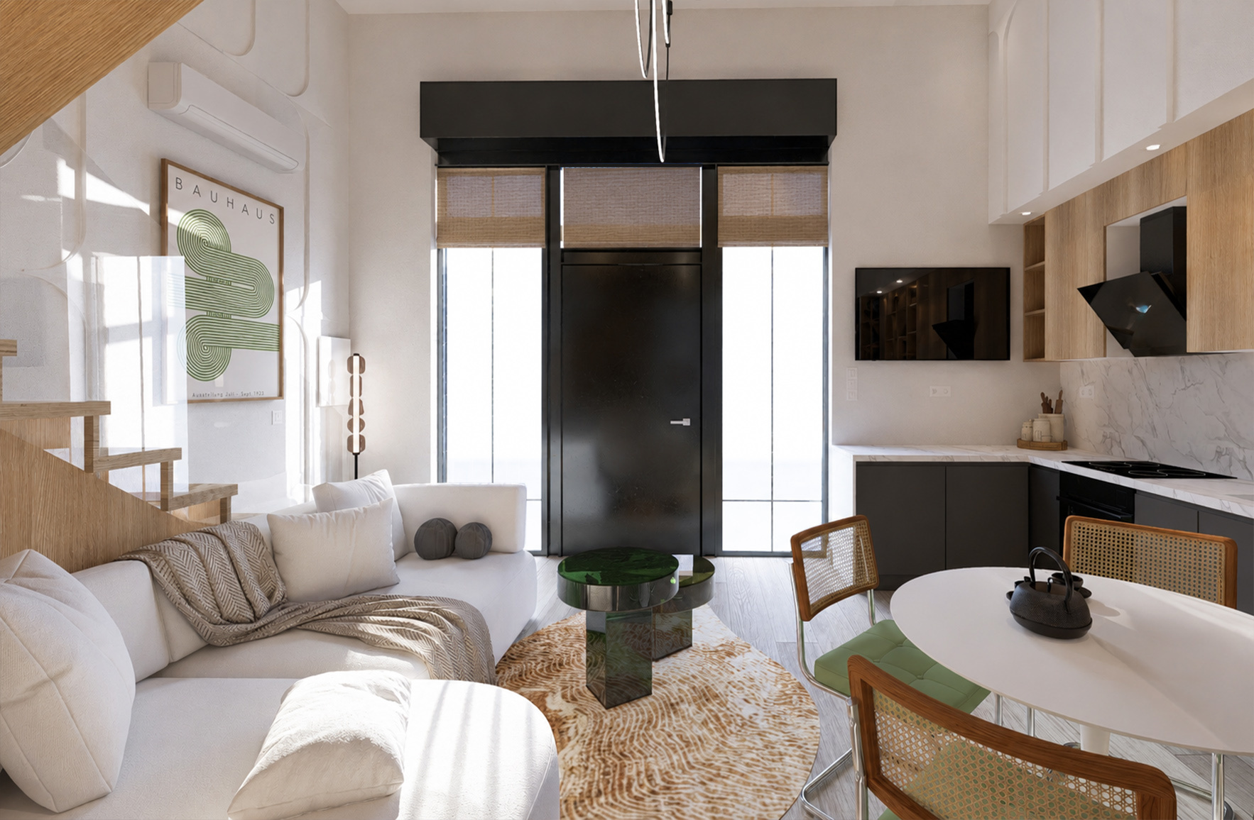 Bauhaus-inspired open-plan apartment in Athens with a white sofa, green dining chairs, oak kitchen and black-framed entrance.