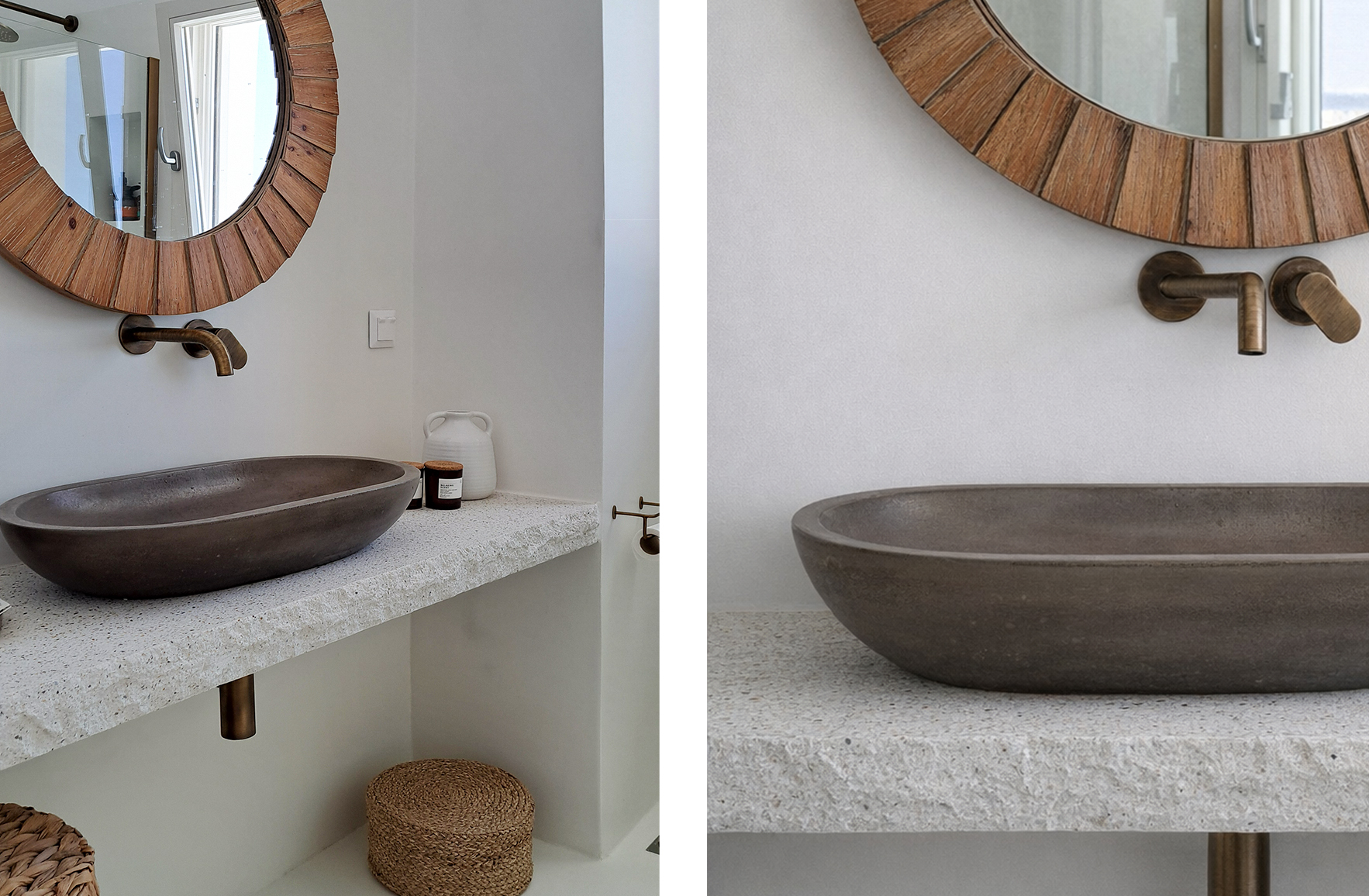 Bathroom in an Andros Cycladic residence with stone basin, bronze wall-mounted faucet and natural wood mirror