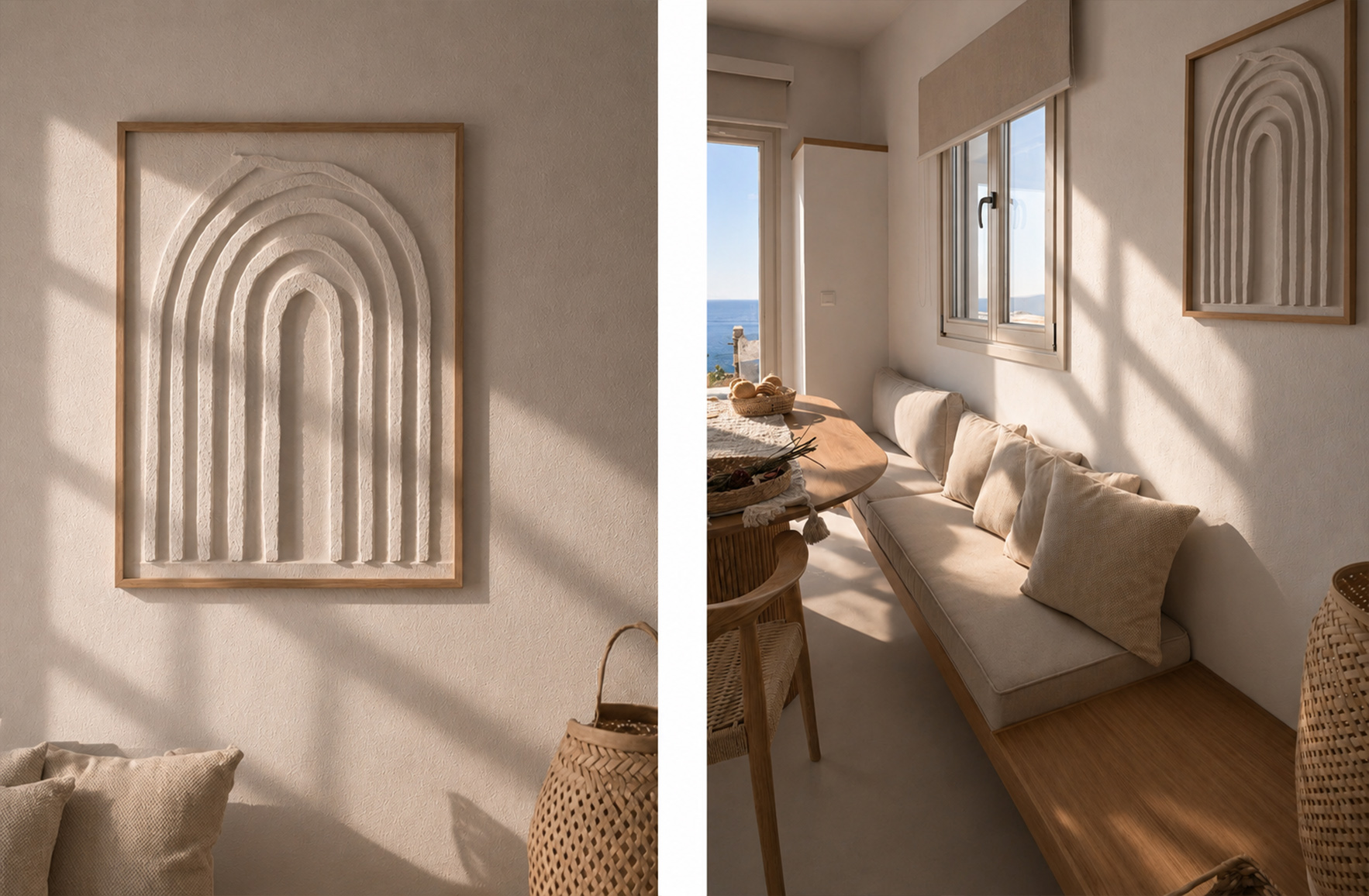 Dining area in an Andros Cycladic residence with custom built-in bench, natural wood and sea view