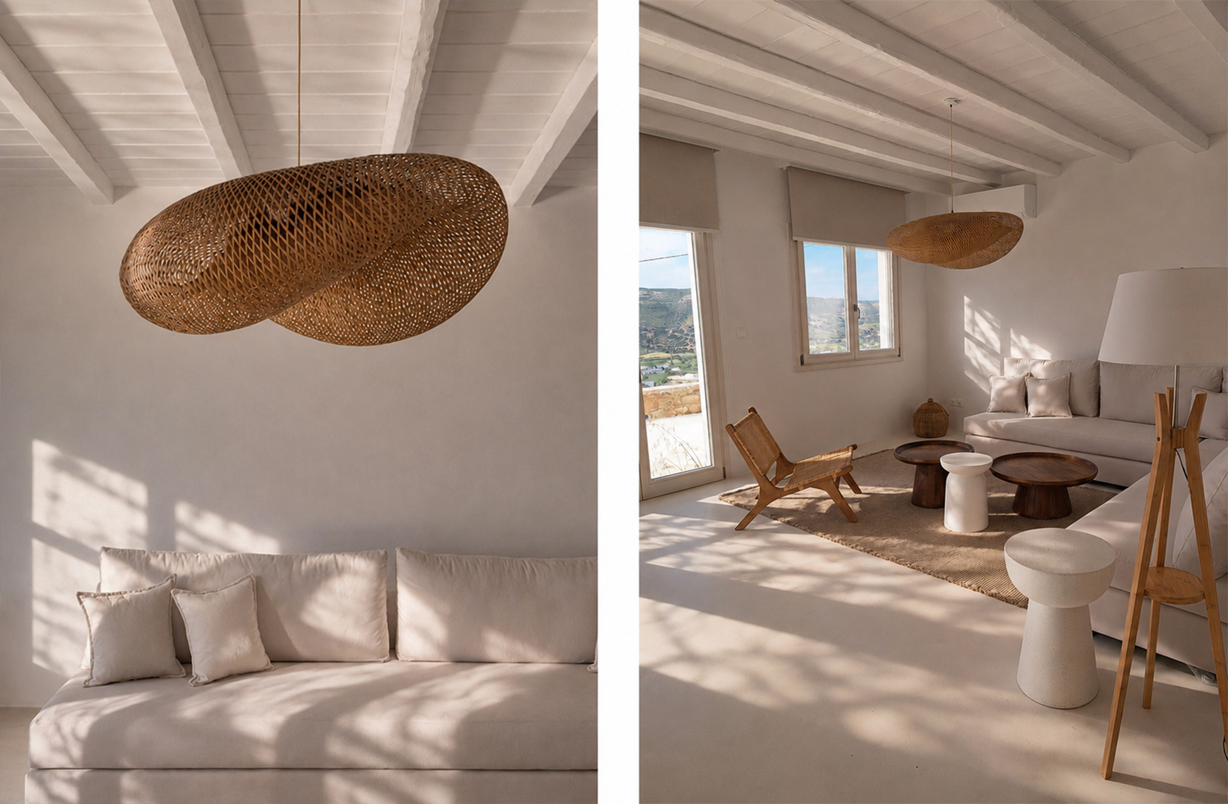 Sunlit living room in an Andros Cycladic residence with woven pendant light and natural wood furniture