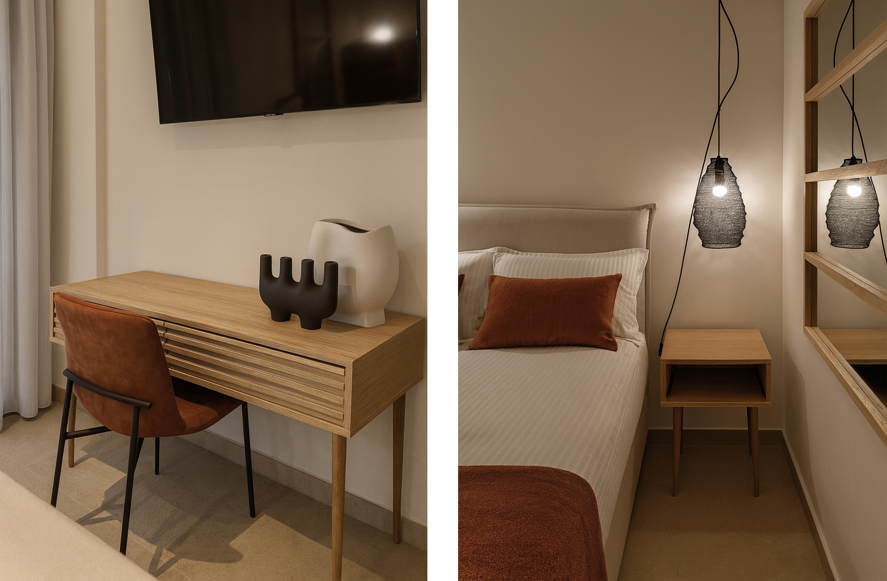 Bedroom in a Gkyzi apartment with an oak desk, rust-toned accents, mirrored wall and woven pendant light.