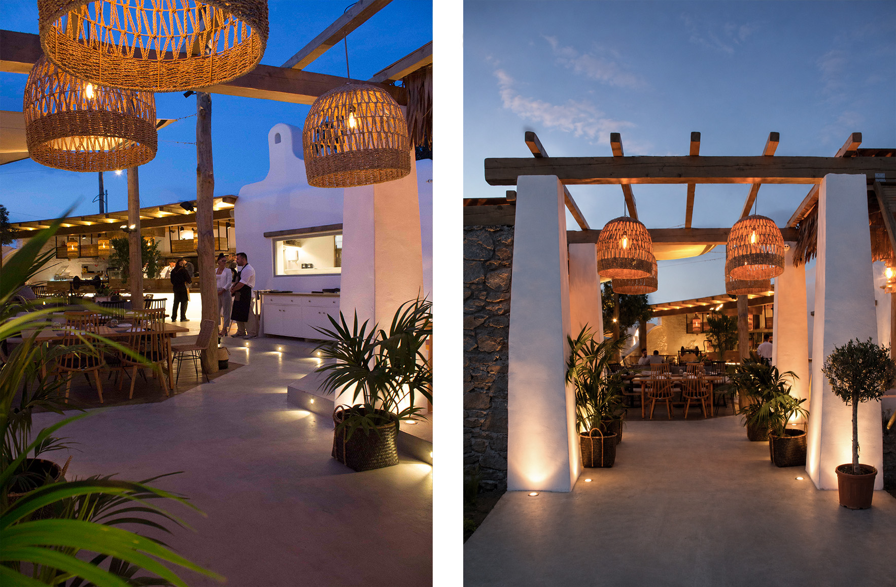 Mediterranean restaurant entrance in Mykonos at dusk with woven lighting and white stucco
