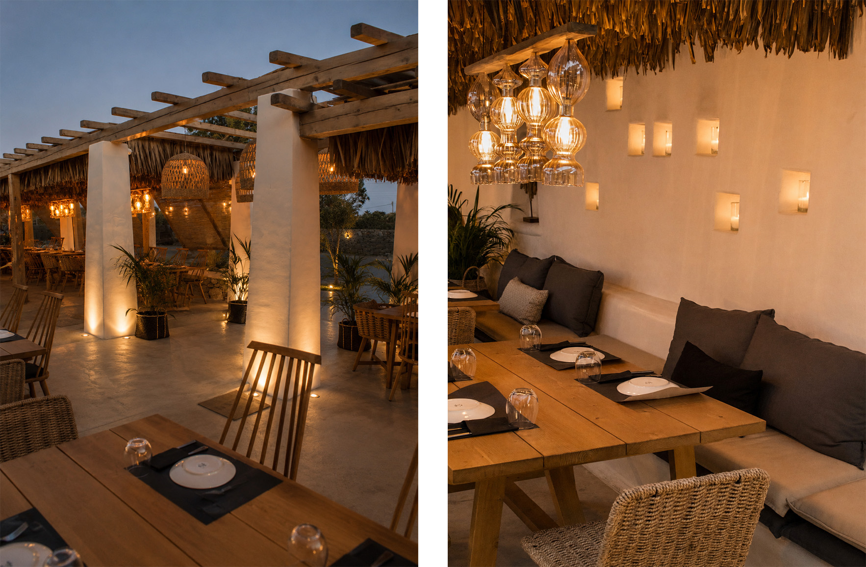 Warm architectural lighting highlighting white walls, timber pergolas and landscaping in a Mykonos restaurant