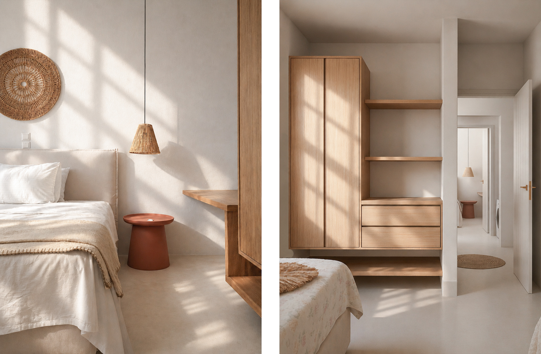 Bedroom in an Andros Cycladic residence with custom oak joinery, integrated storage and woven pendant lighting
