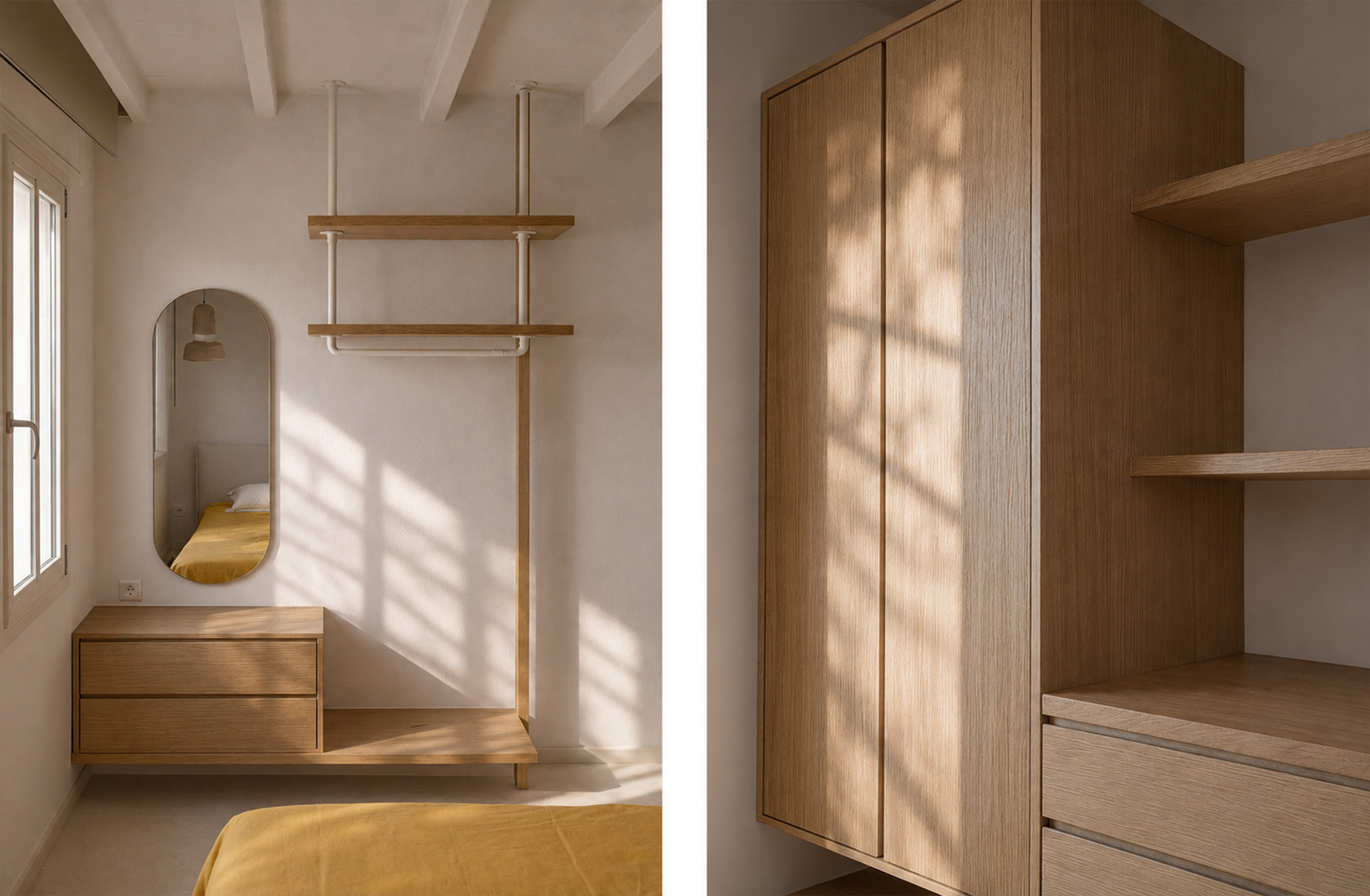 Bedroom in an Andros Cycladic residence with custom wooden wardrobe, dresser and open hanging rail
