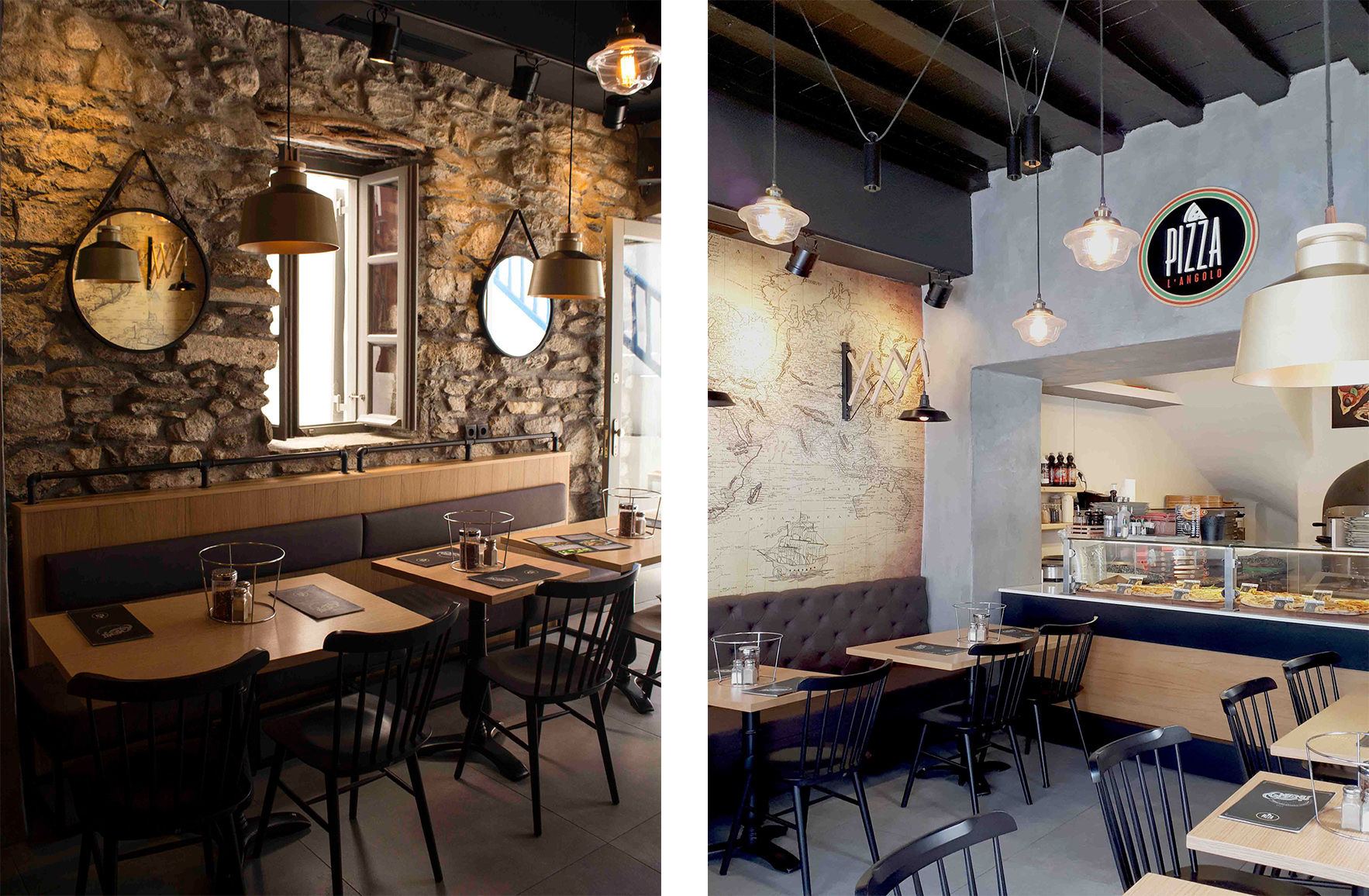 Two interior views of L’ Angolo Restaurant in Mykonos, featuring exposed stone walls, vintage map artwork, wooden tables, black chairs, pendant lighting and the open pizza counter