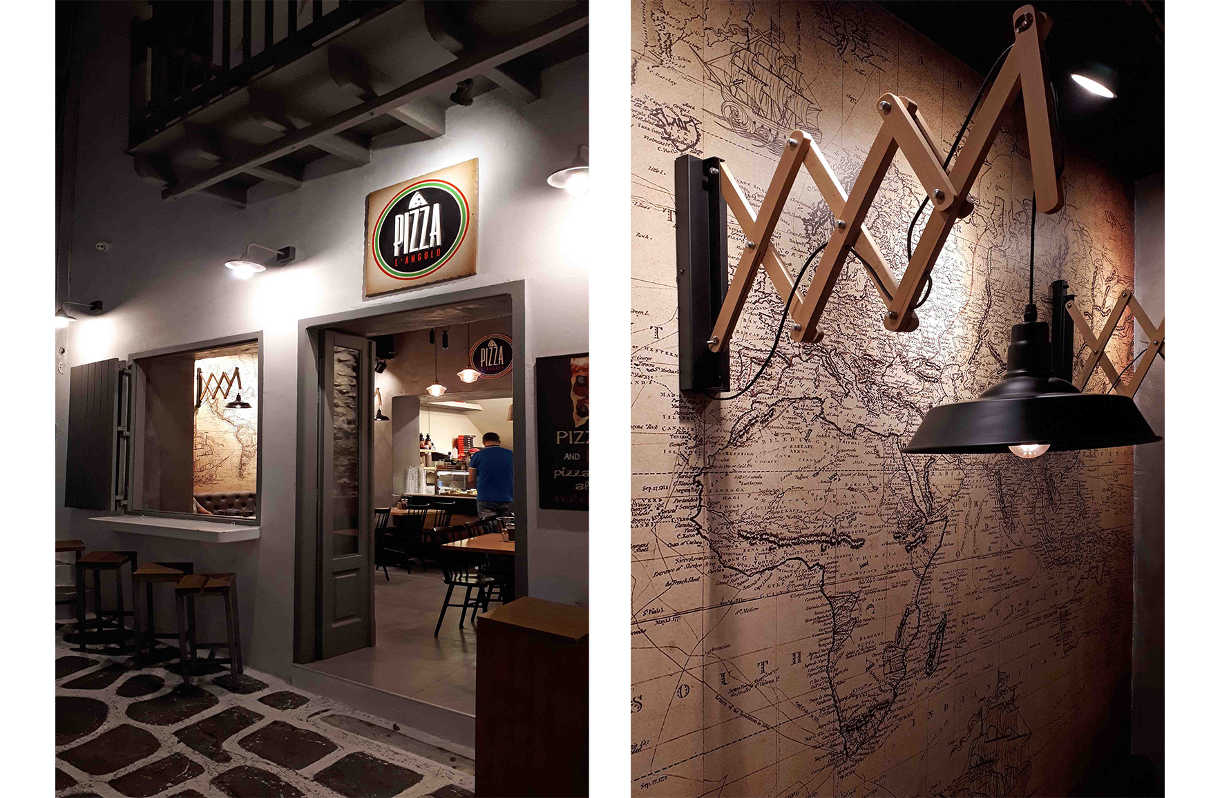 Exterior entrance and interior detail of L’ Angolo Restaurant in Mykonos, featuring traditional Cycladic architecture, a vintage world map and adjustable wall lamps.