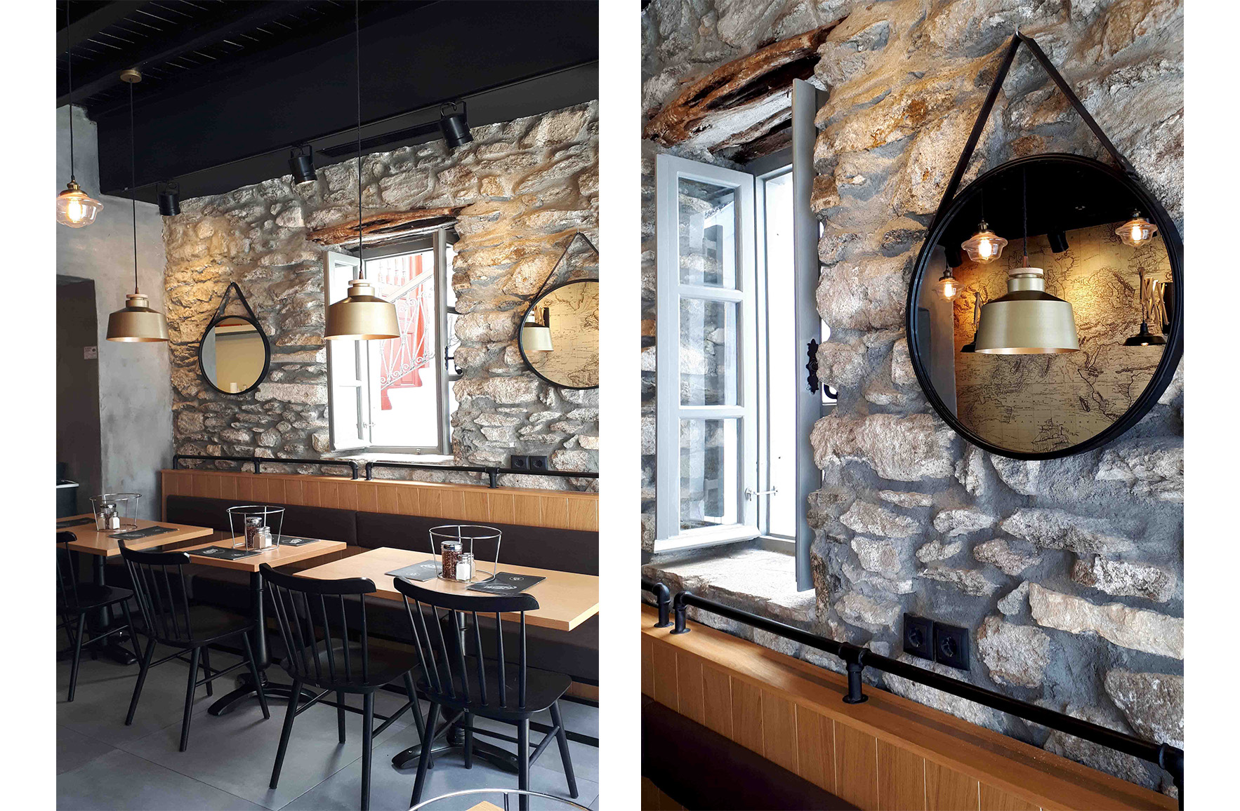 Interior views of L’ Angolo Restaurant in Mykonos, featuring exposed stone walls, black dining chairs, wooden tables, round mirrors and brass pendant lights.