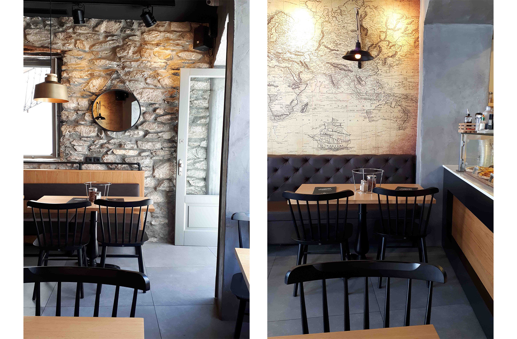 Two dining-area views of L’ Angolo Restaurant in Mykonos, featuring exposed stone walls, a vintage world map, black chairs, wooden tables and pendant lighting.