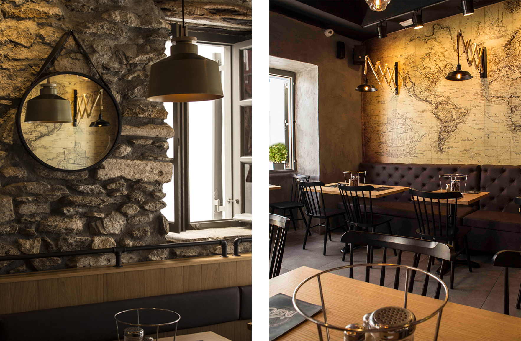 Interior details of L’ Angolo Restaurant in Mykonos, featuring exposed stonework, a round mirror, vintage world map, wooden tables, black chairs and pendant lighting.