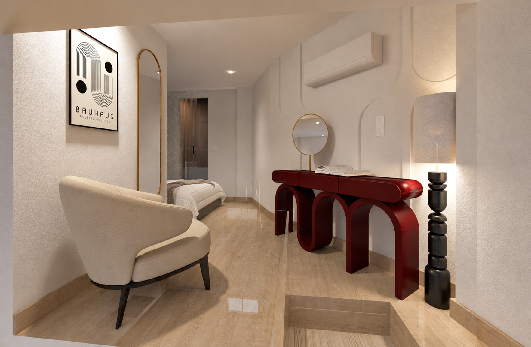 Mezzanine bedroom in an Athens maisonette with a sculptural burgundy console, curved lounge chair and Bauhaus artwork.