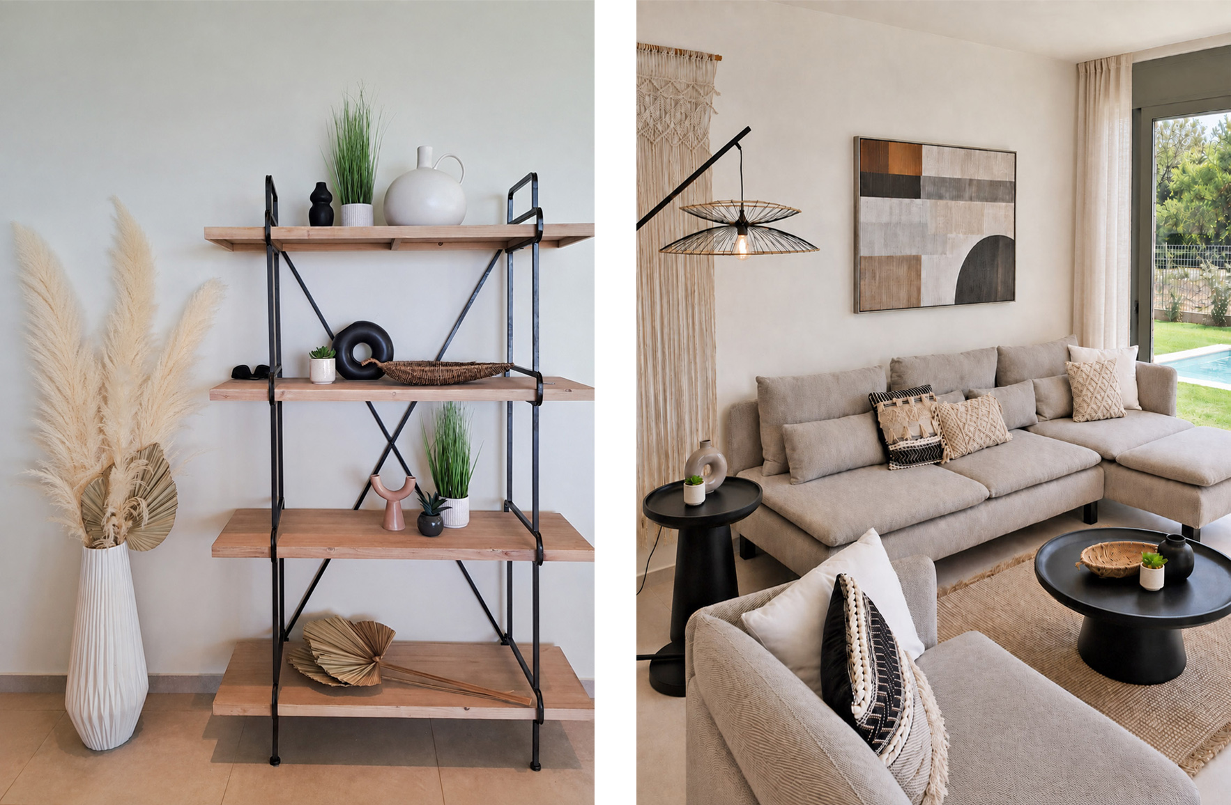 Neutral living room with natural textures, decorative shelving and views towards the garden and pool in a Nafpaktos holiday home.