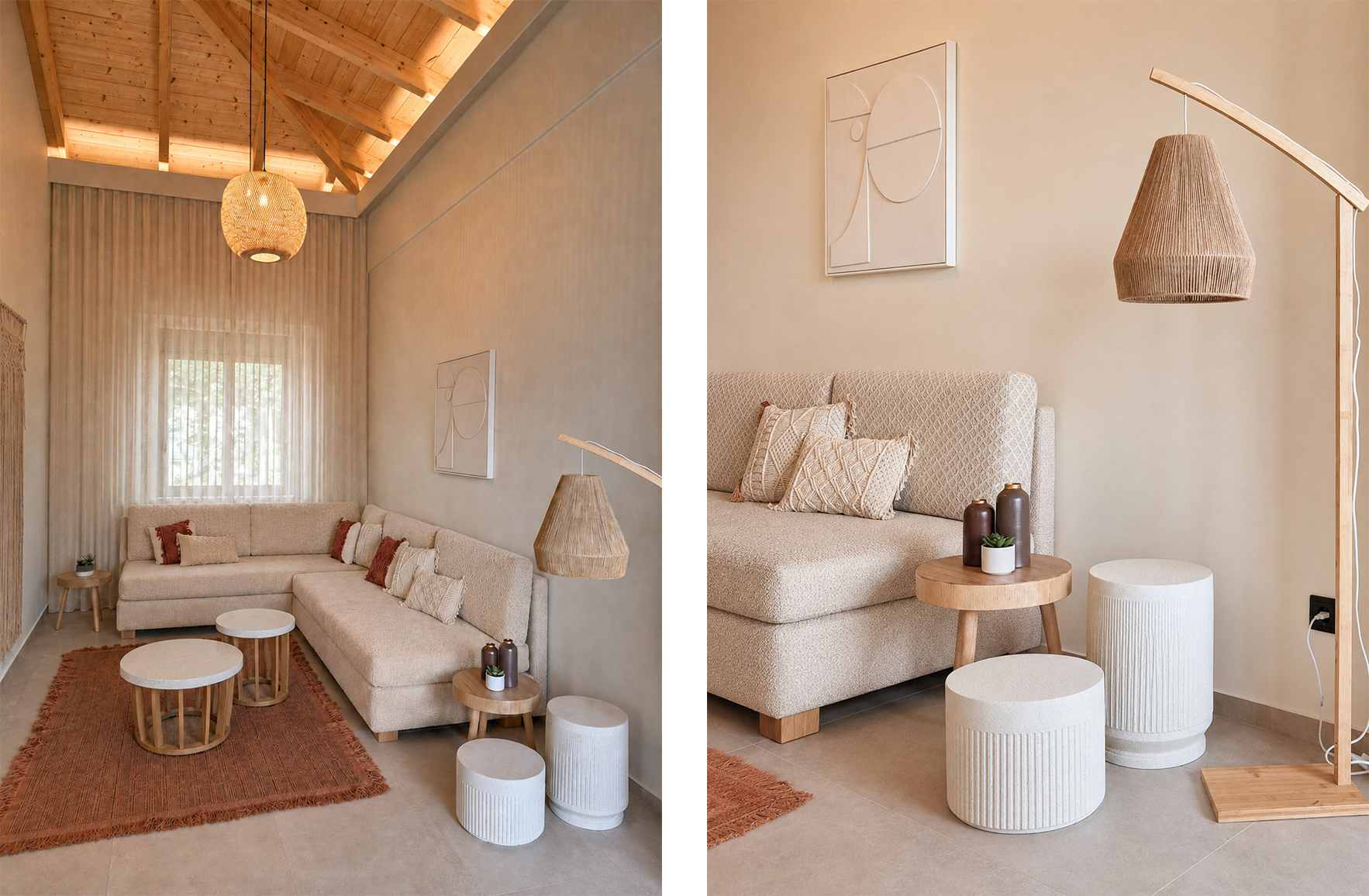 Living room with a wooden pitched ceiling, neutral corner sofa, terracotta rug and woven lighting in a Nafpaktos holiday home.
