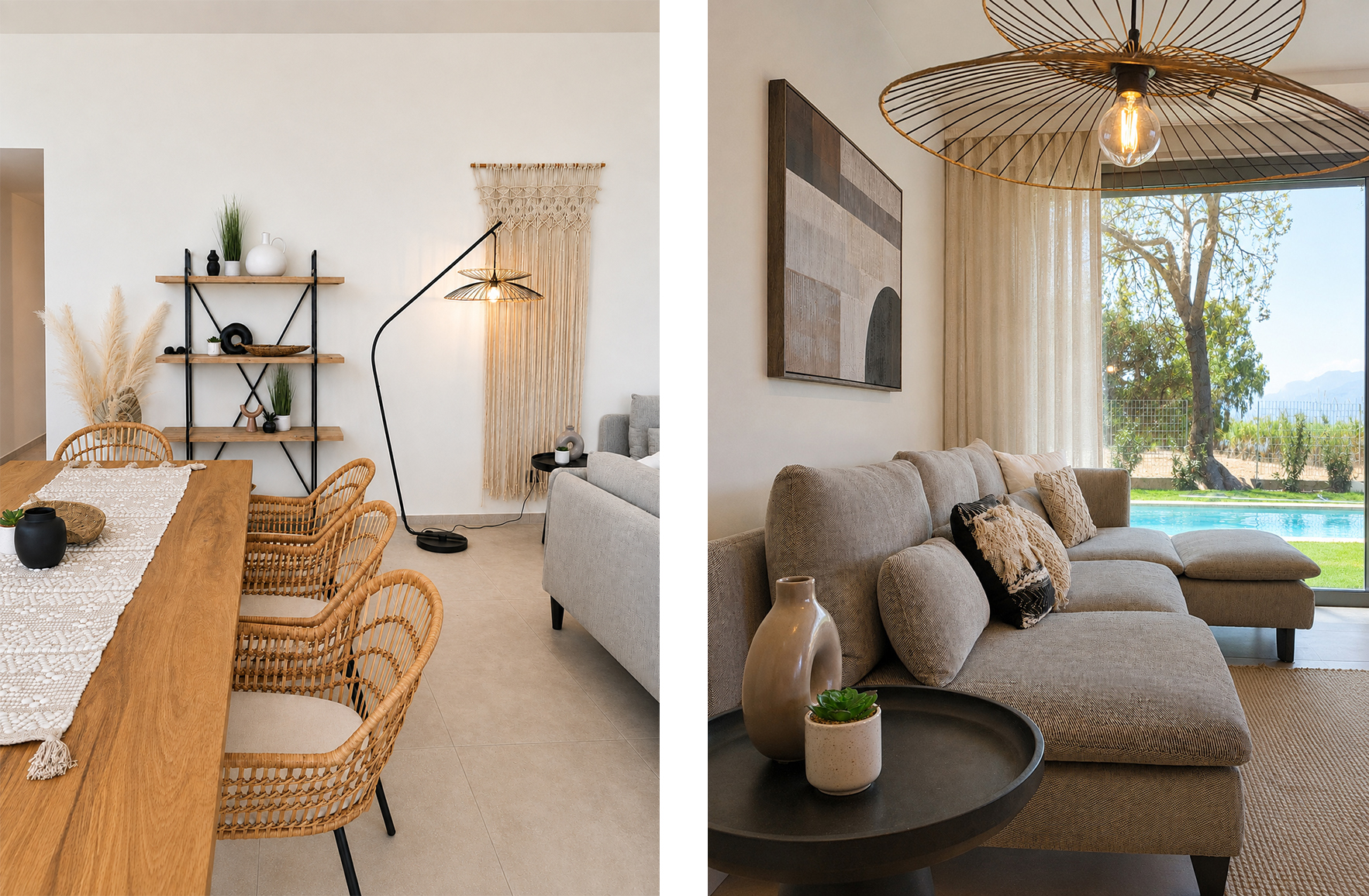 Open-plan living and dining area with rattan chairs, neutral furnishings and sheer curtains overlooking the pool in a Nafpaktos seaside home.