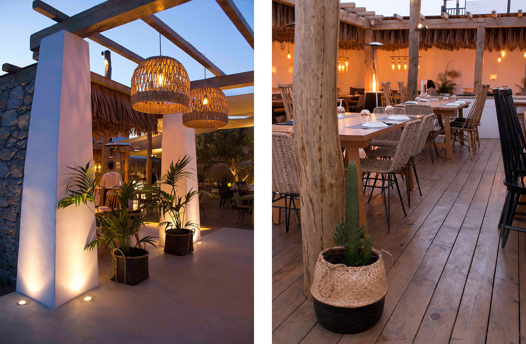 Hospitality interior combining natural timber, woven furniture, white stucco and Mediterranean planting