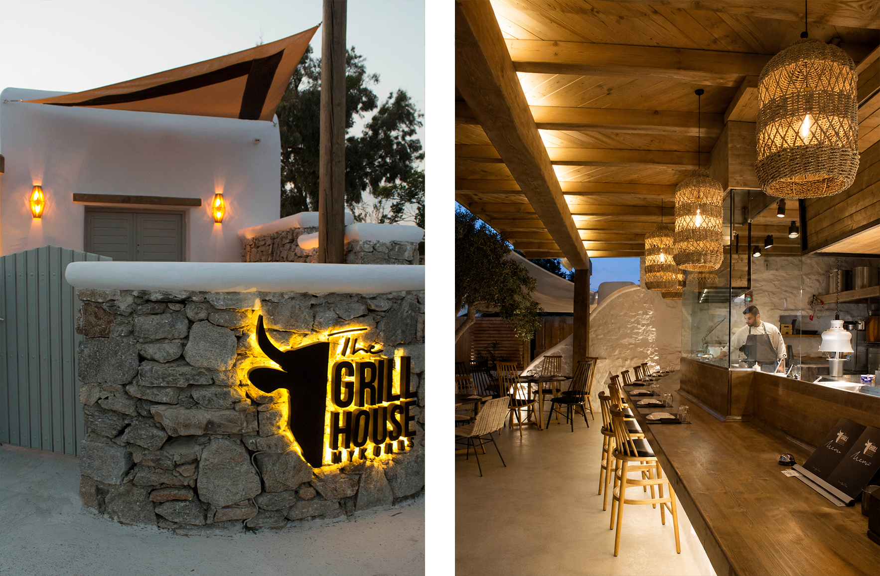 Open restaurant kitchen in Mykonos with timber finishes, glass partition and architectural lighting