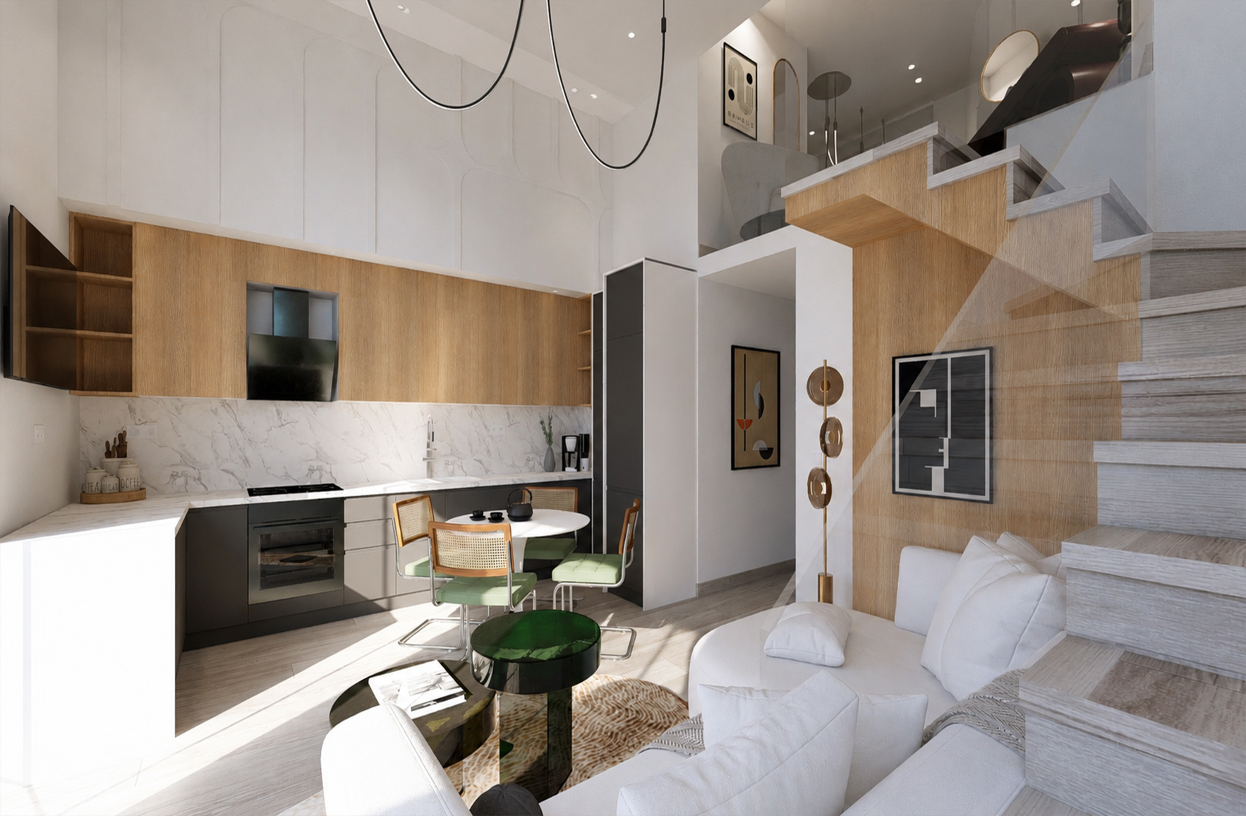 Open-plan kitchen and living room in an Athens maisonette, featuring oak cabinetry, green dining chairs and a glass staircase.