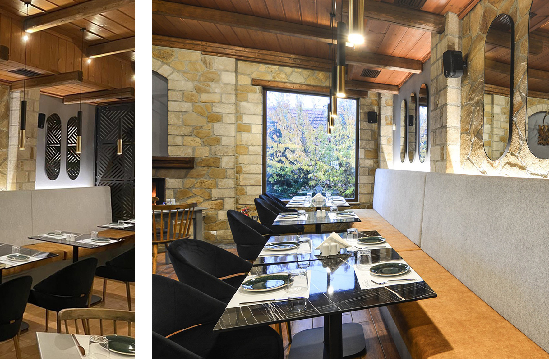 Custom banquette seating with marble tables and black dining chairs at Oti Kalo Restaurant