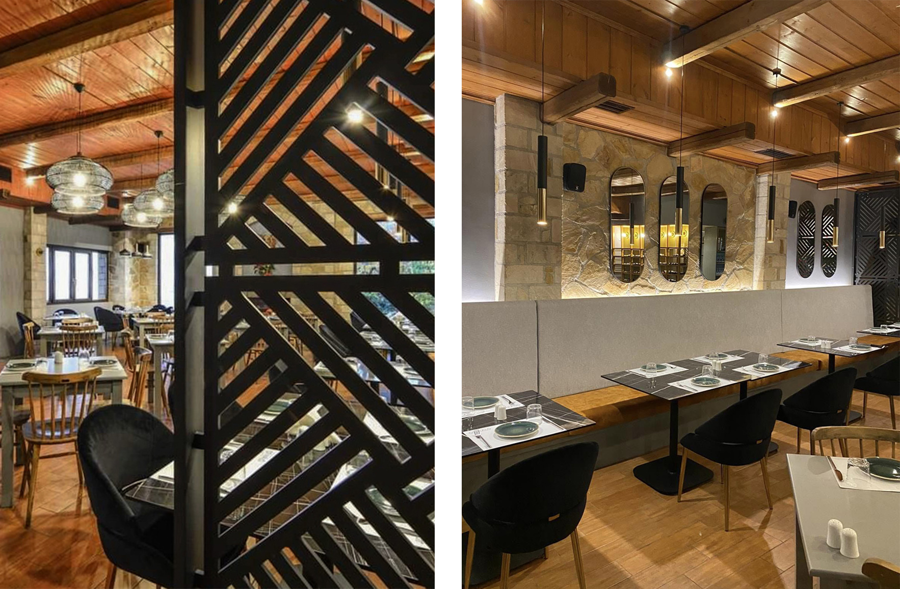 Custom black metal partition separating the dining areas at Oti Kalo Restaurant