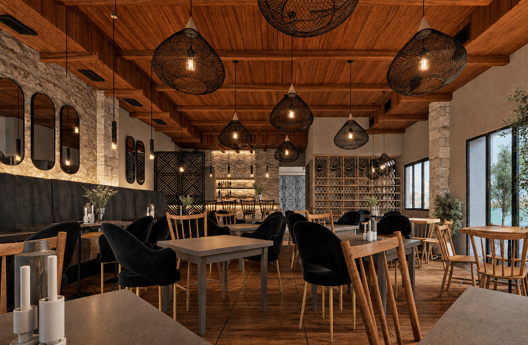 Main dining room of Oti Kalo Restaurant with timber ceiling, stone walls, custom furniture and pendant lighting