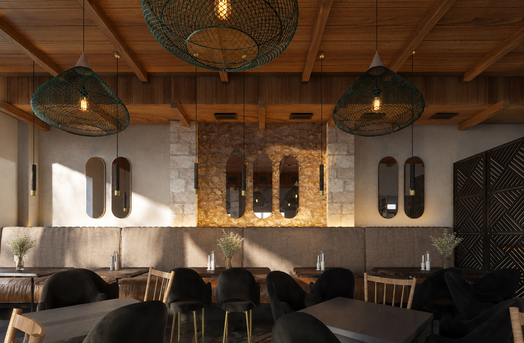 Restaurant dining area with stone feature wall, arched mirrors, timber ceiling and pendant lighting