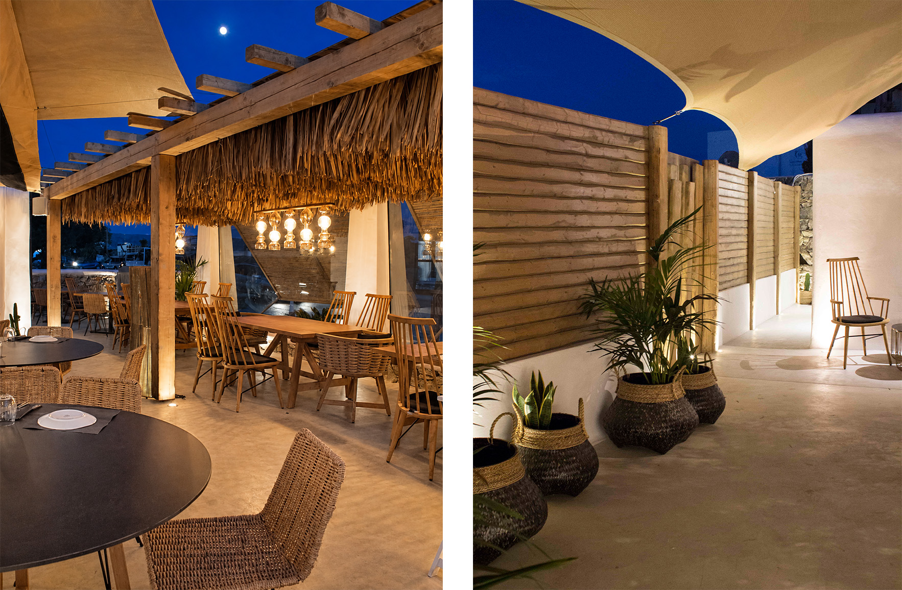 Outdoor dining area in Mykonos with woven chairs, timber tables, Makuti roofing and Mediterranean styling