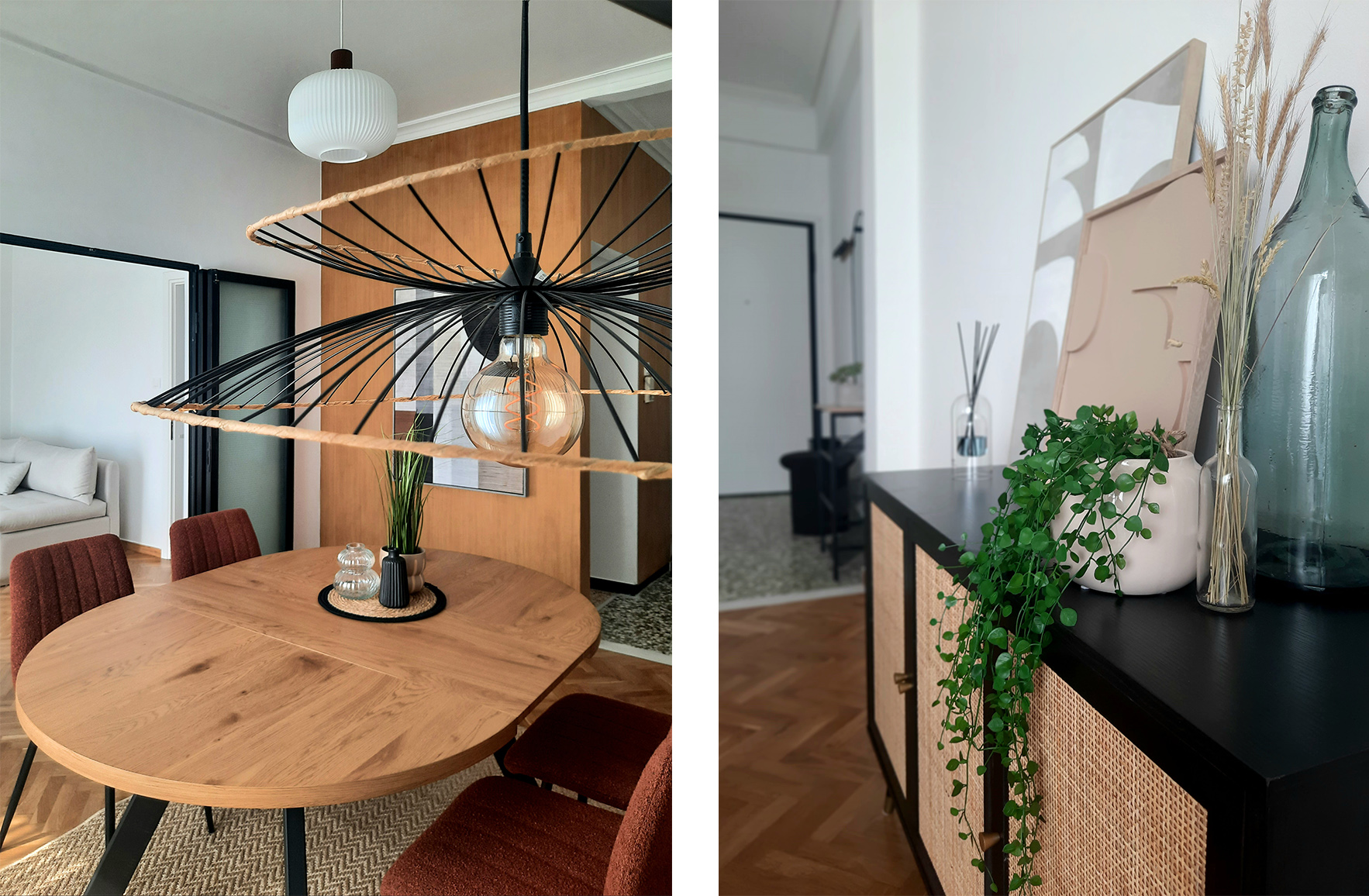 Dining area and decorative console in the Plaka guest apartment in Athens