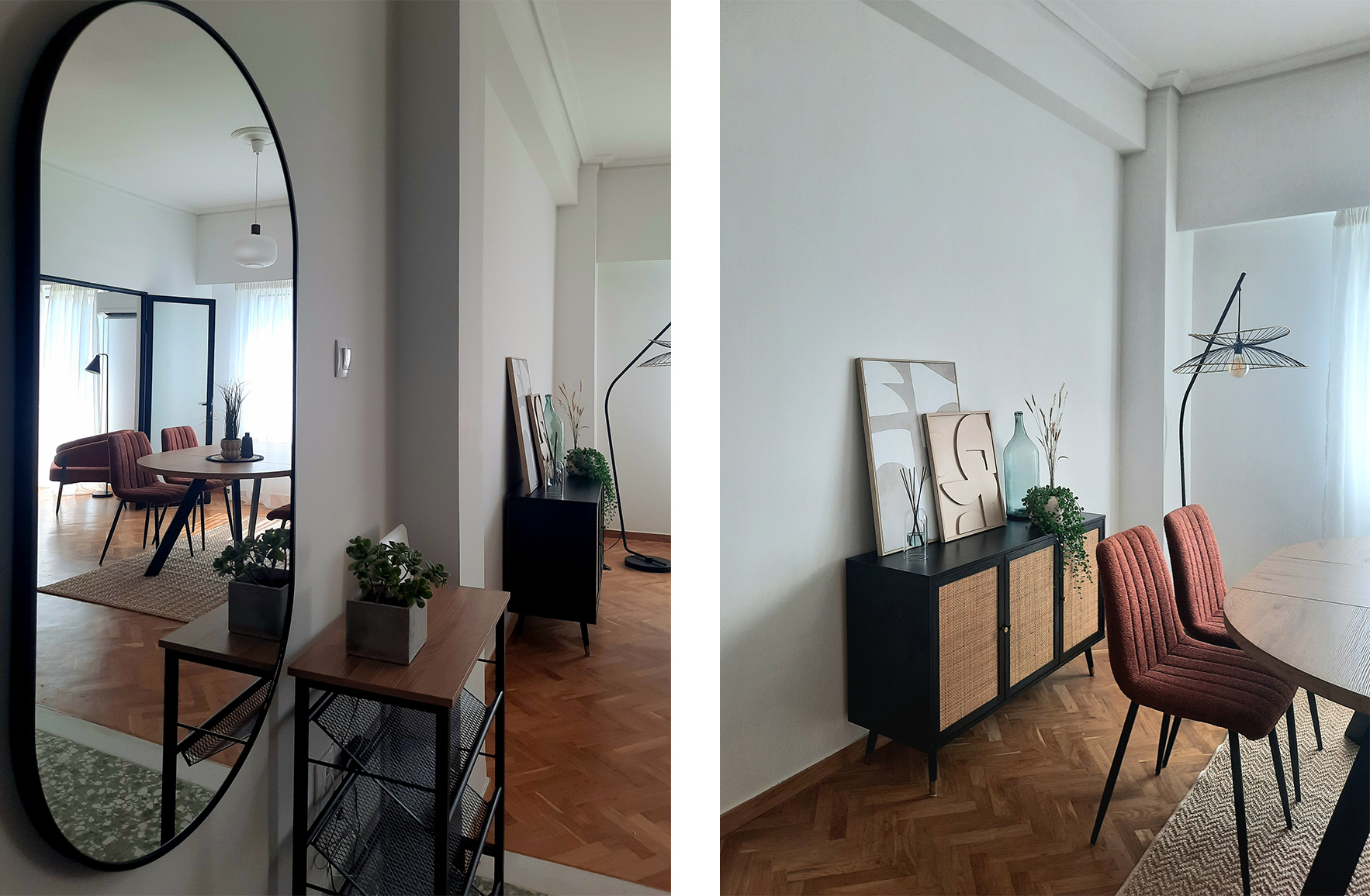 Entrance area with arched mirror, console and seating in the Plaka apartment
