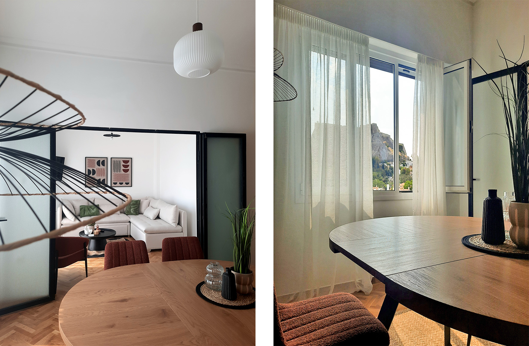 Living and dining areas of the Plaka apartment with natural light and warm wood furniture
