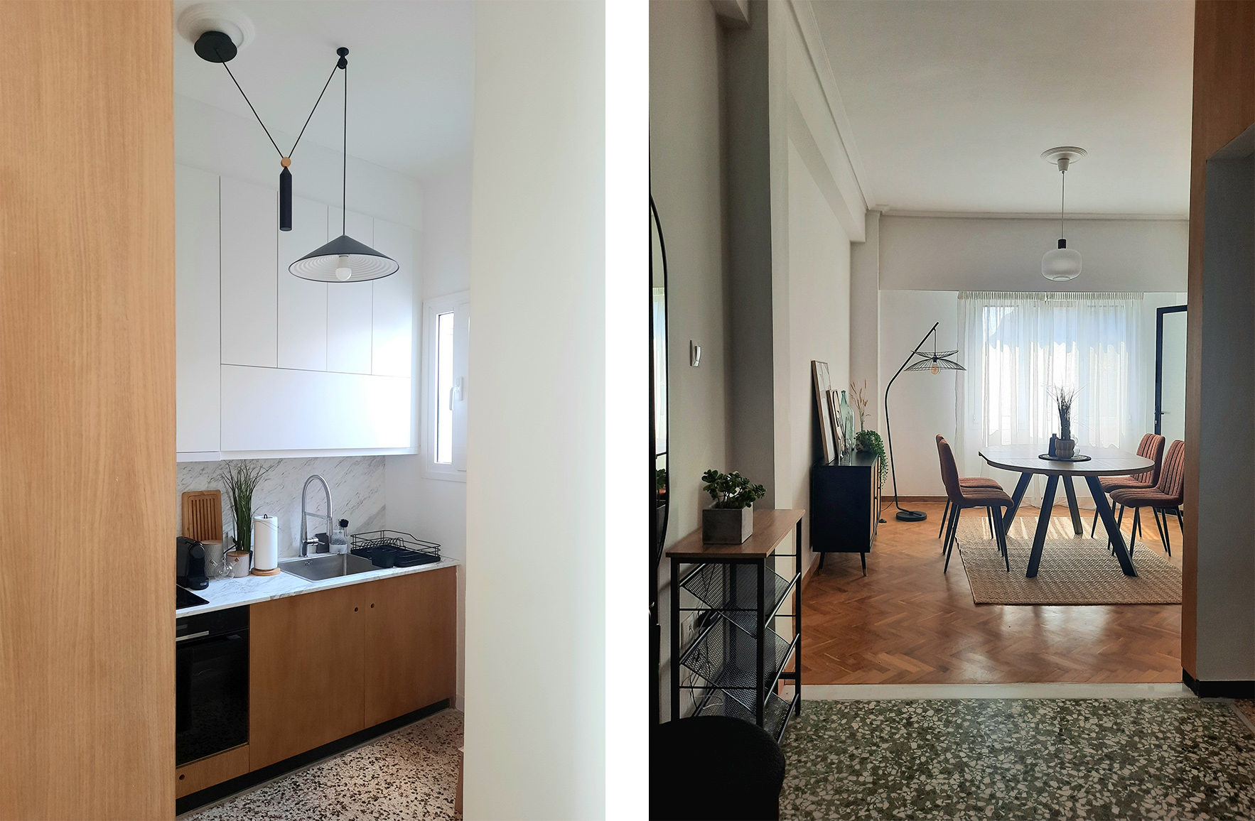 View from the kitchen towards the dining area of the Plaka guest apartment
