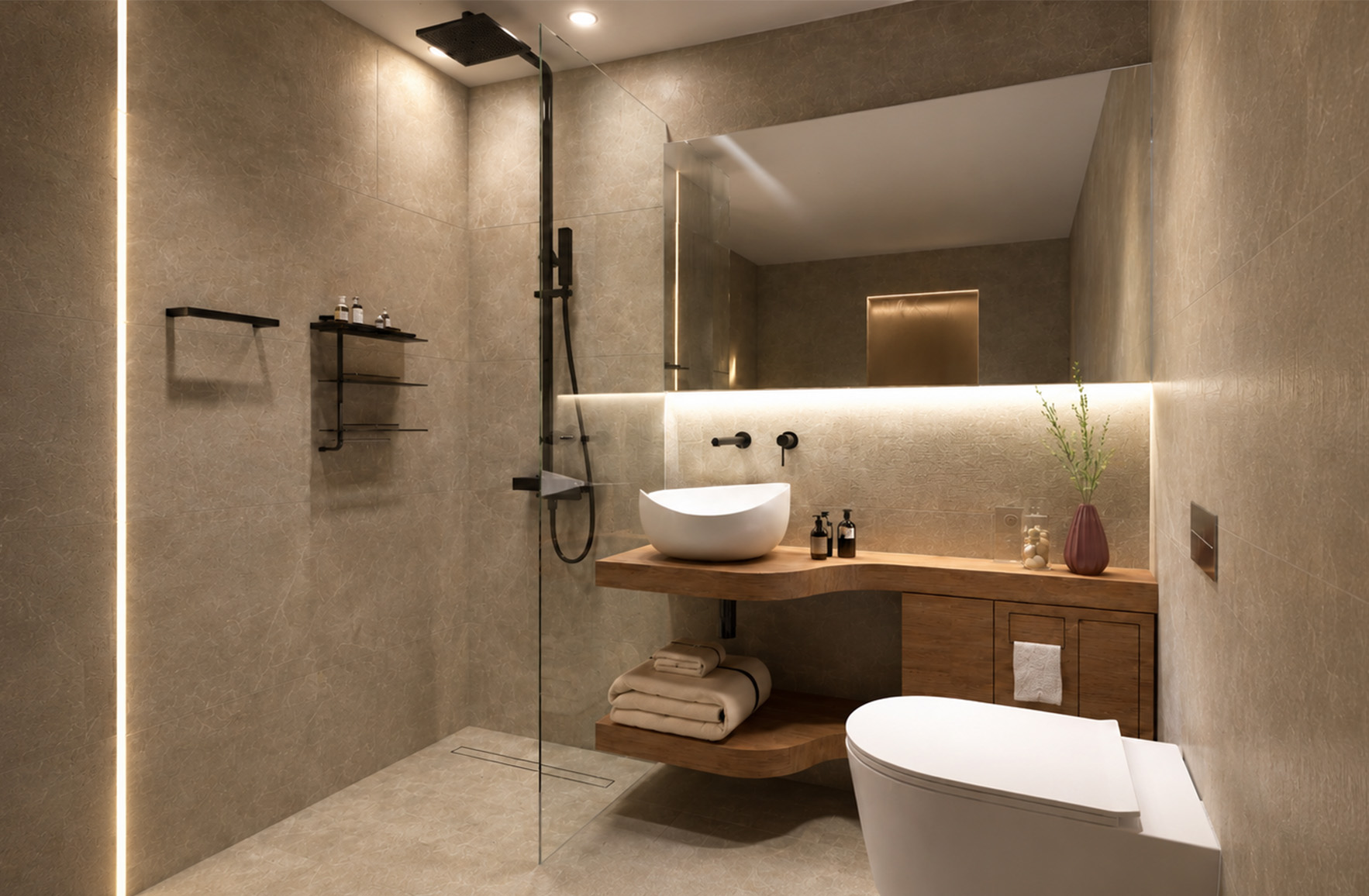 Contemporary bathroom with a walk-in shower, stone-effect surfaces, timber vanity and matte-black fixtures.