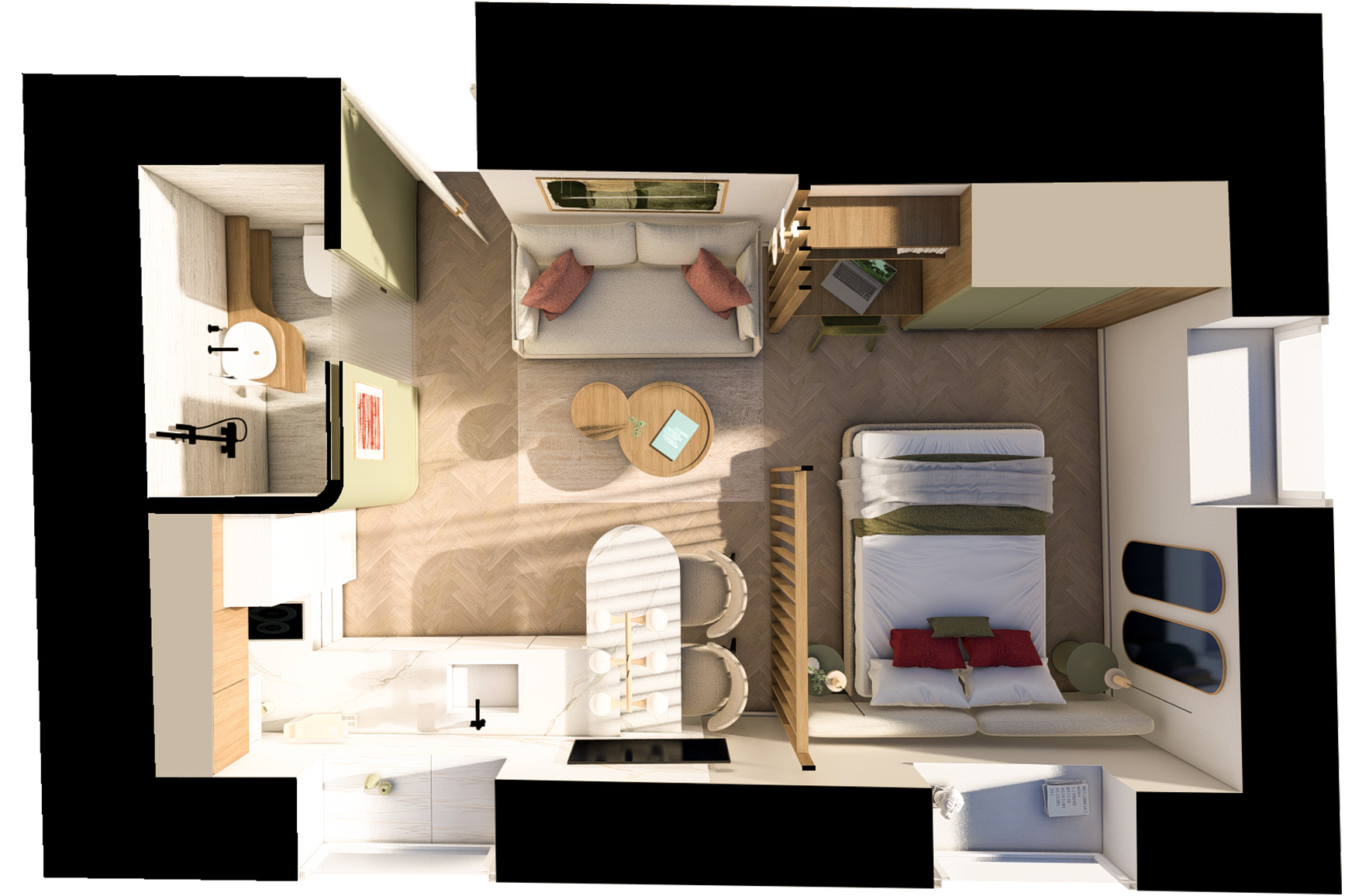 Three-dimensional floor plan of a compact Freattyda studio apartment with integrated sleeping, living, kitchen, workspace and bathroom areas.