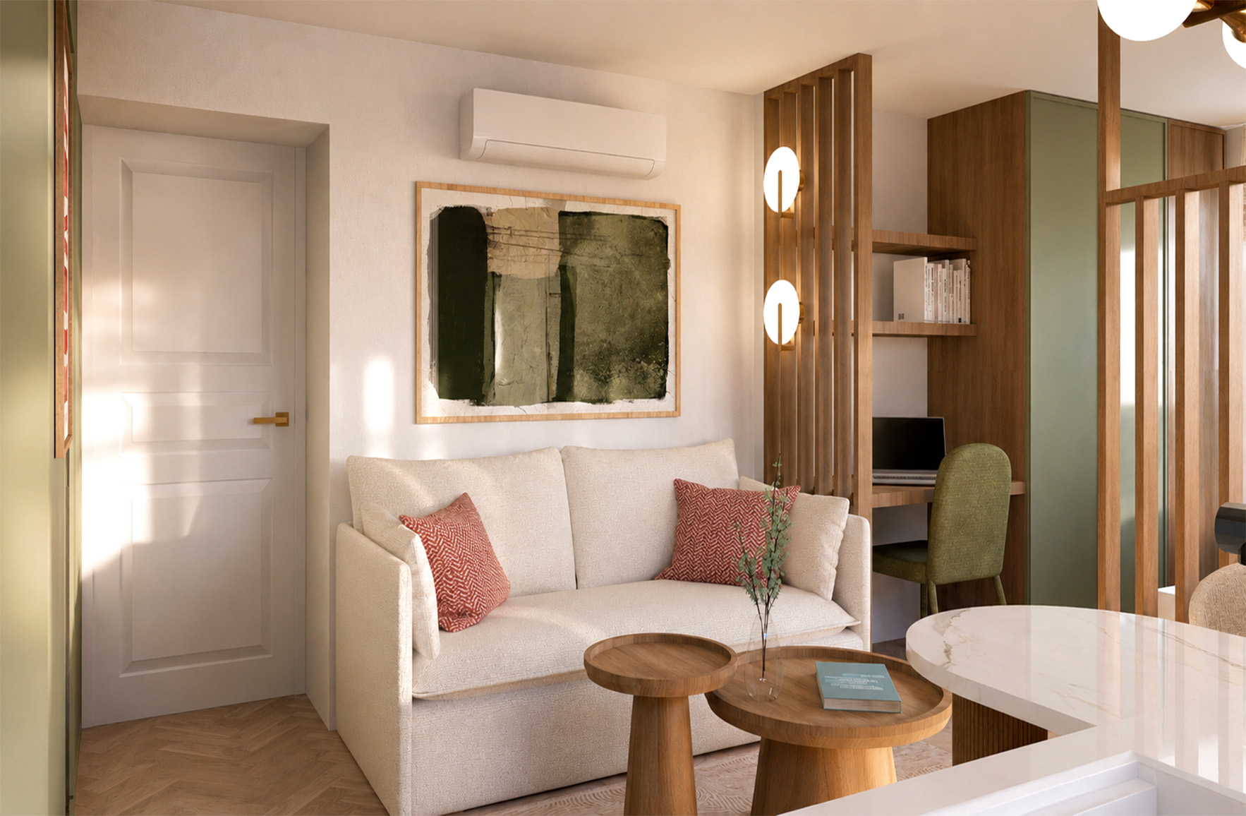 Compact living area with a sofa, integrated home office, timber screens and olive-green cabinetry in a Freattyda studio apartment.