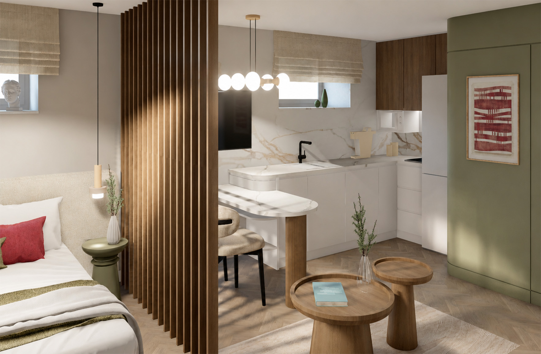 Compact studio kitchen and sleeping area separated by a custom timber slatted partition in the Freattyda residences.