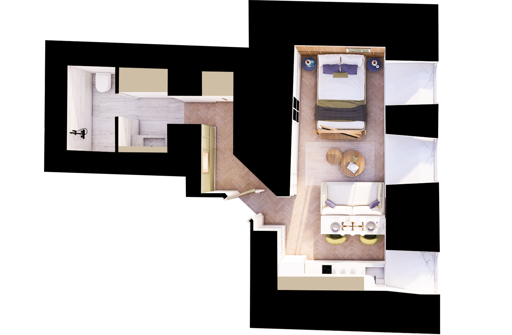 Three-dimensional floor plan of Apartment 02 showing its bedroom, living area, kitchen, dining counter and separate bathroom.