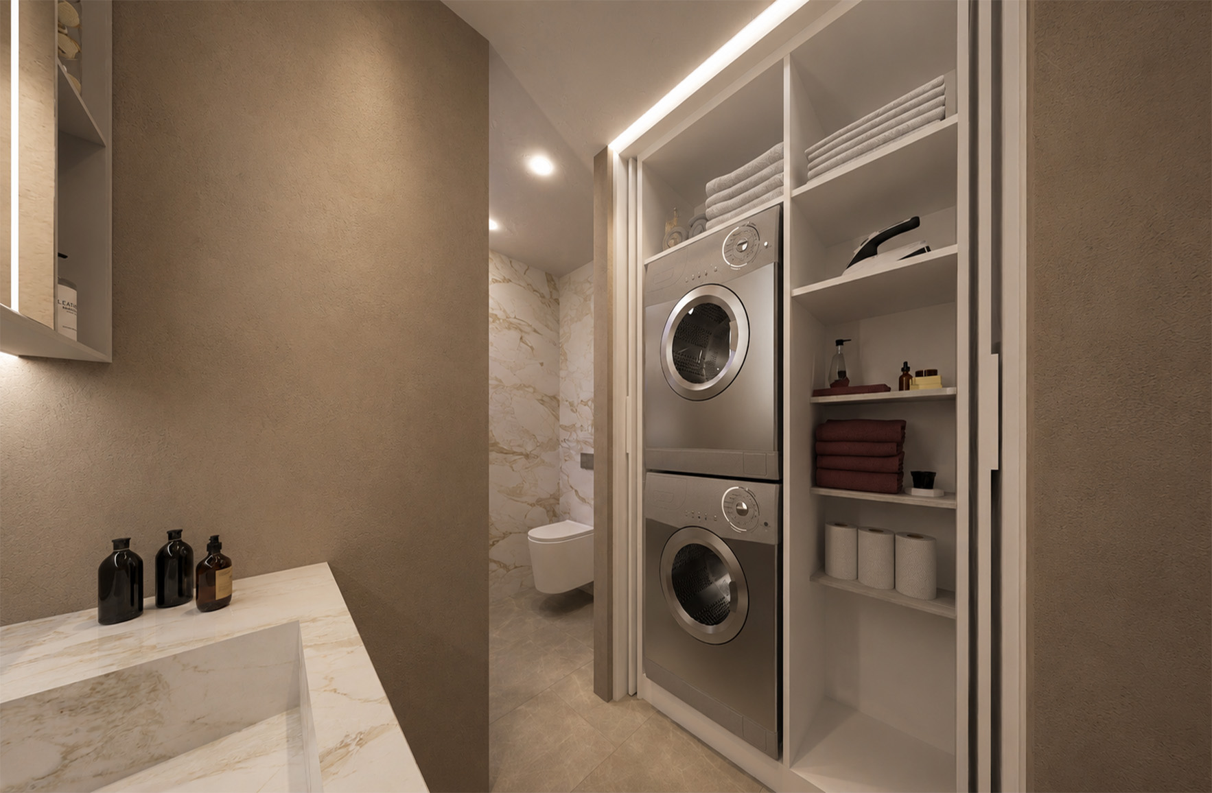 Bathroom utility area with stacked laundry appliances and integrated open shelving in Apartment 02.