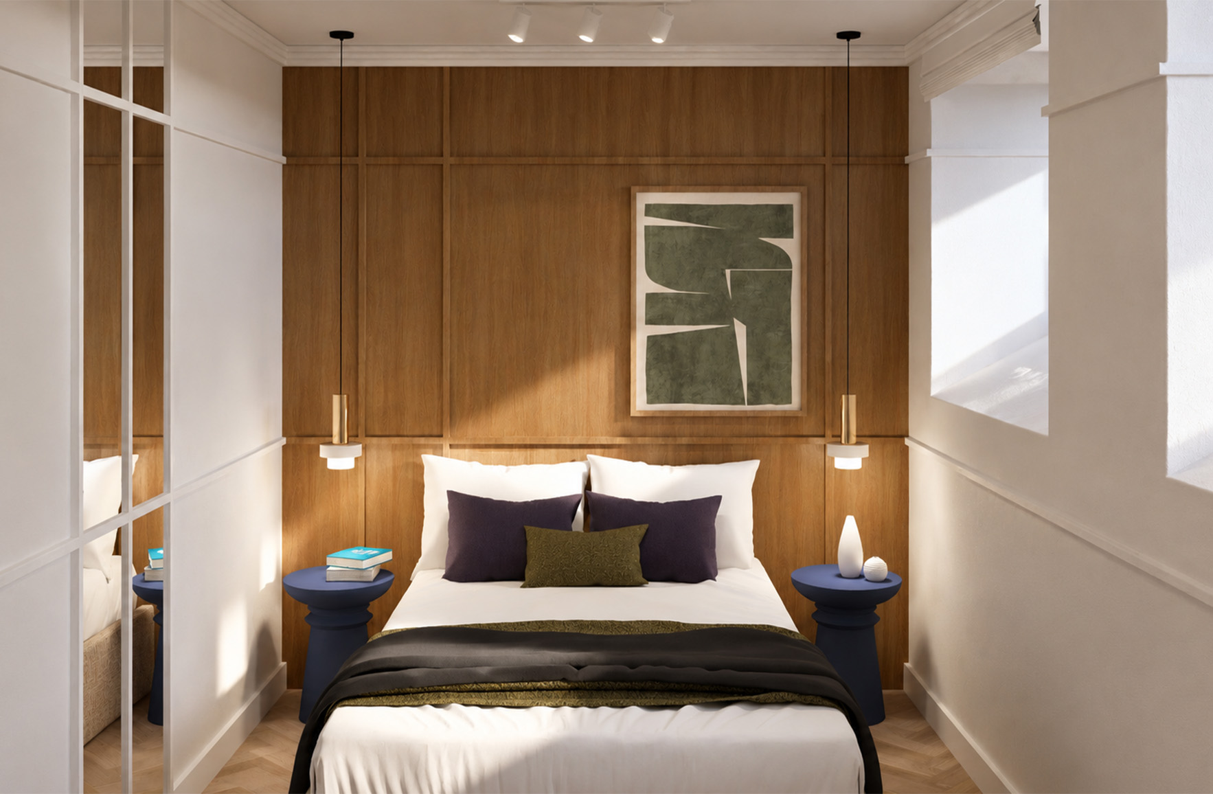 Bedroom with full-height timber wall panelling, pendant bedside lights and a mirrored wardrobe in Apartment 02.