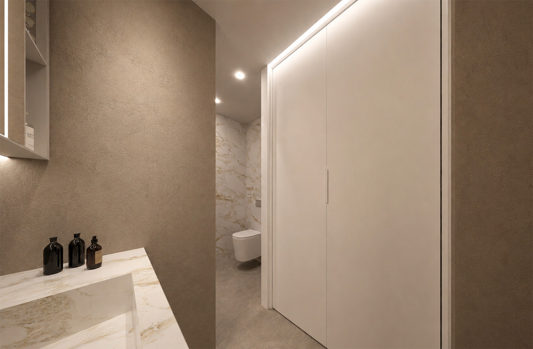 Contemporary bathroom with an illuminated mirror, floating timber vanity and walk-in shower with marble-effect wall cladding.
