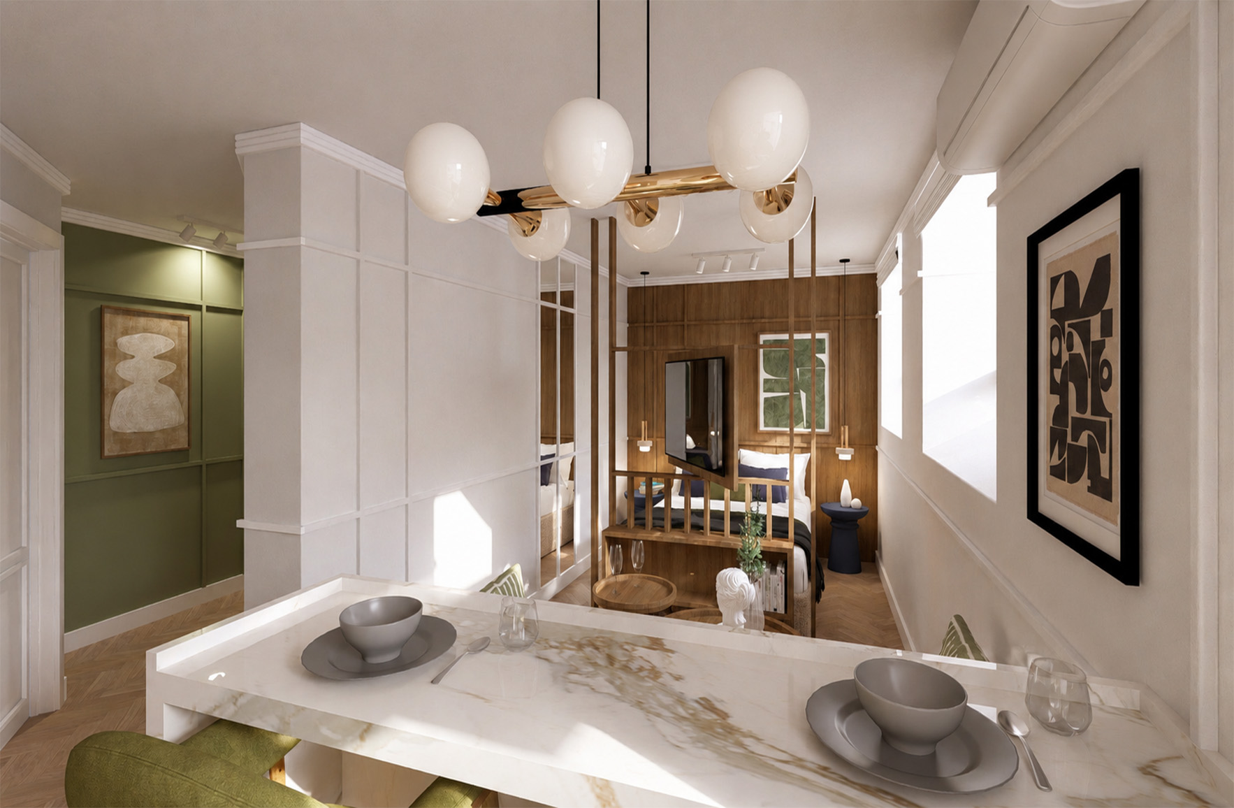 Open-plan apartment with a marble dining counter, decorative wall mouldings and a timber partition separating the sleeping area.