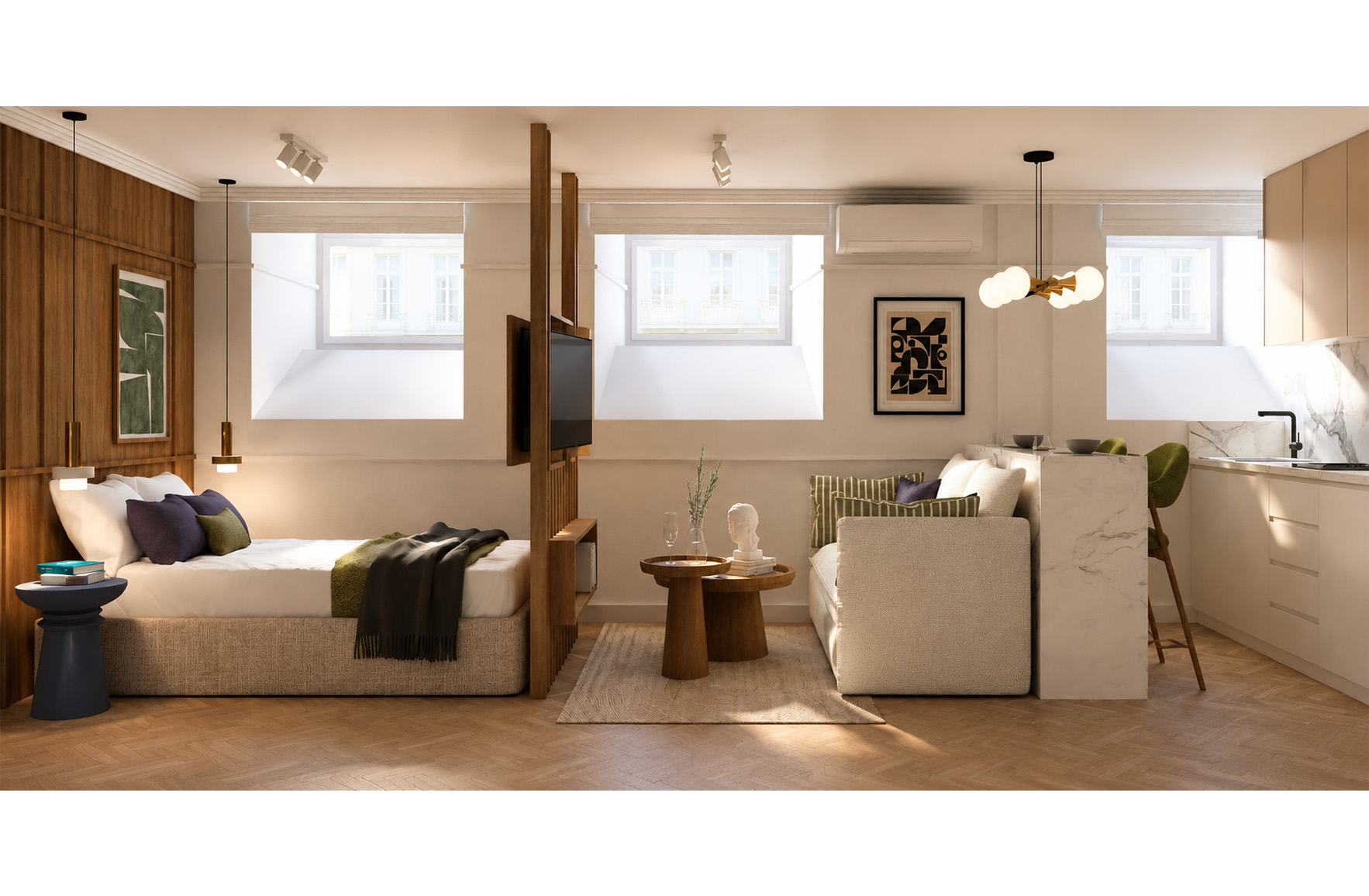Wide view of Apartment 02 showing the bedroom, living area and compact kitchen organized within an open-plan interior.